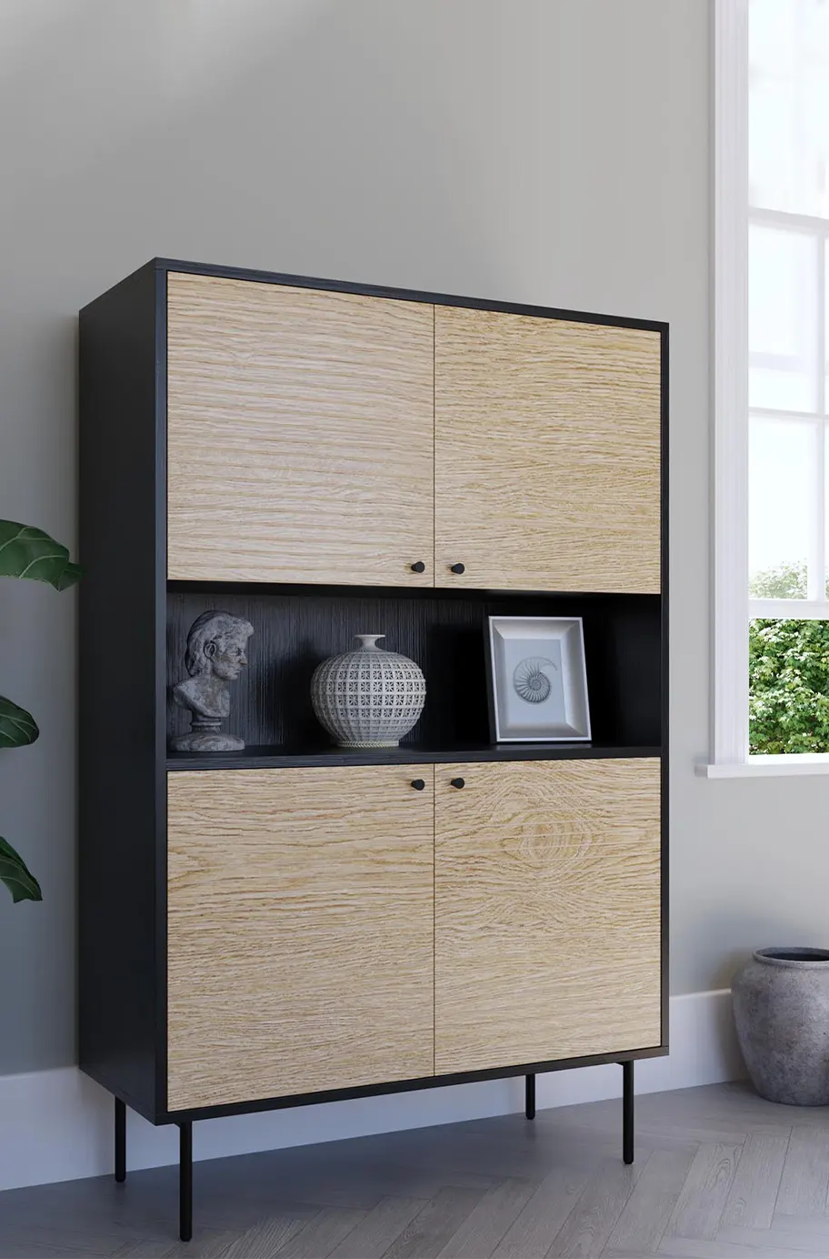Buffet haut 4 portes 1 niche en bois et métal noir DARYL