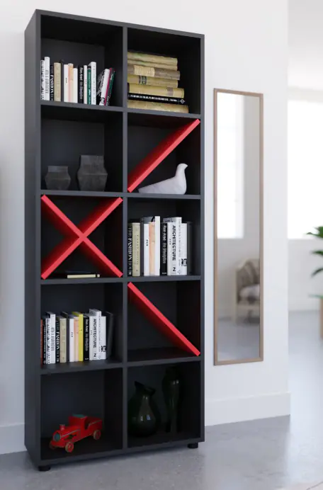 Bibliothèque design noir et rouge 188 cm FAUSTINE