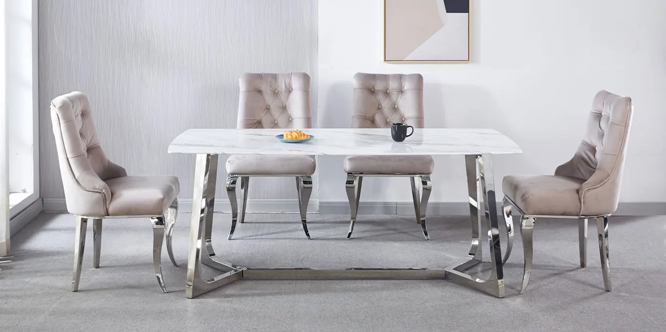 Table à manger rectangulaire design effet marbre blanc et doré ERIKA