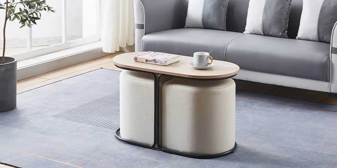 Ensemble table basse couleur bois avec 2 poufs en tissu beige JUDITH