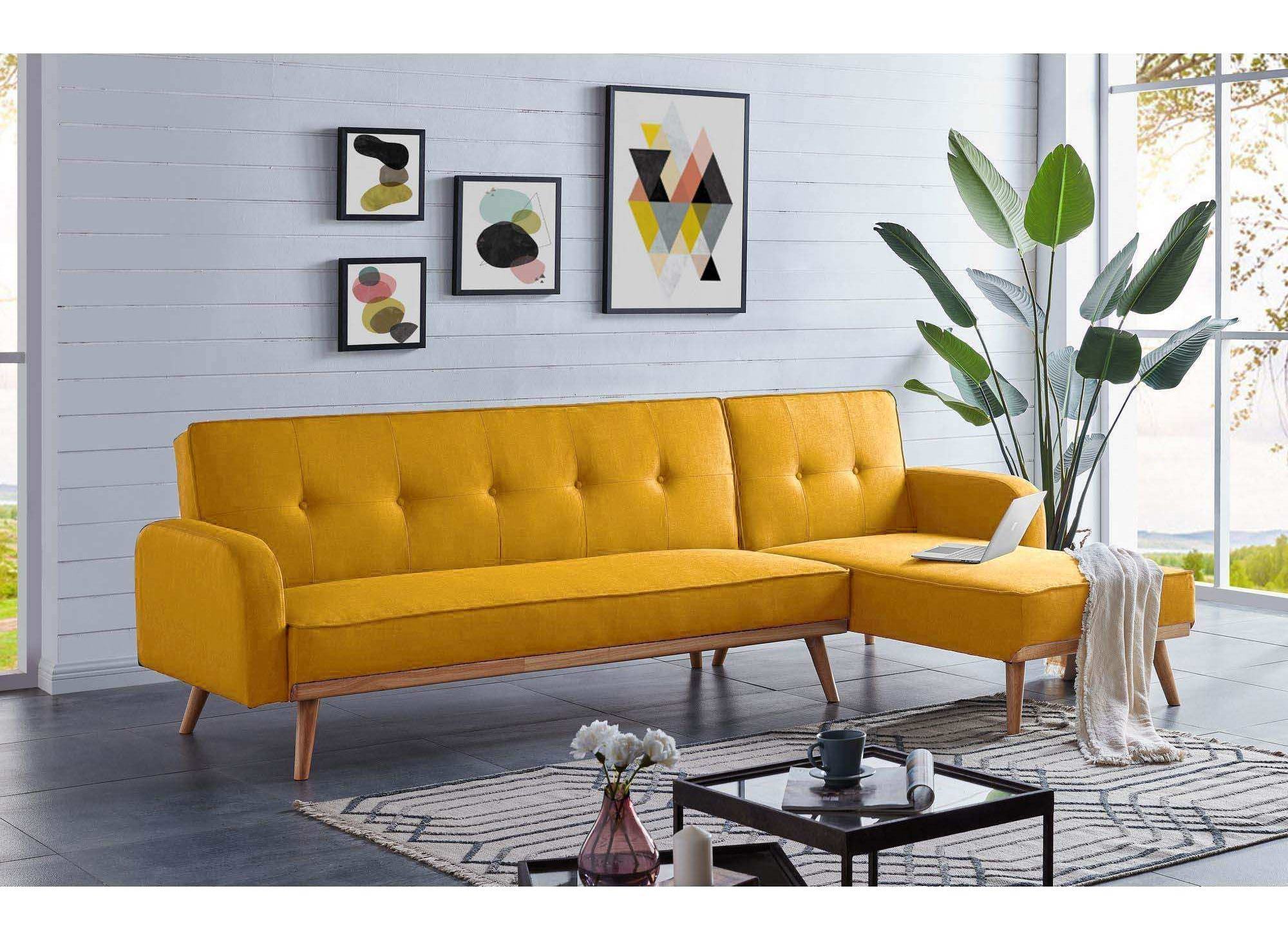 Deco In Paris Canap/é d/’Angle Convertible et r/éversible en Tissu Jaune Liam