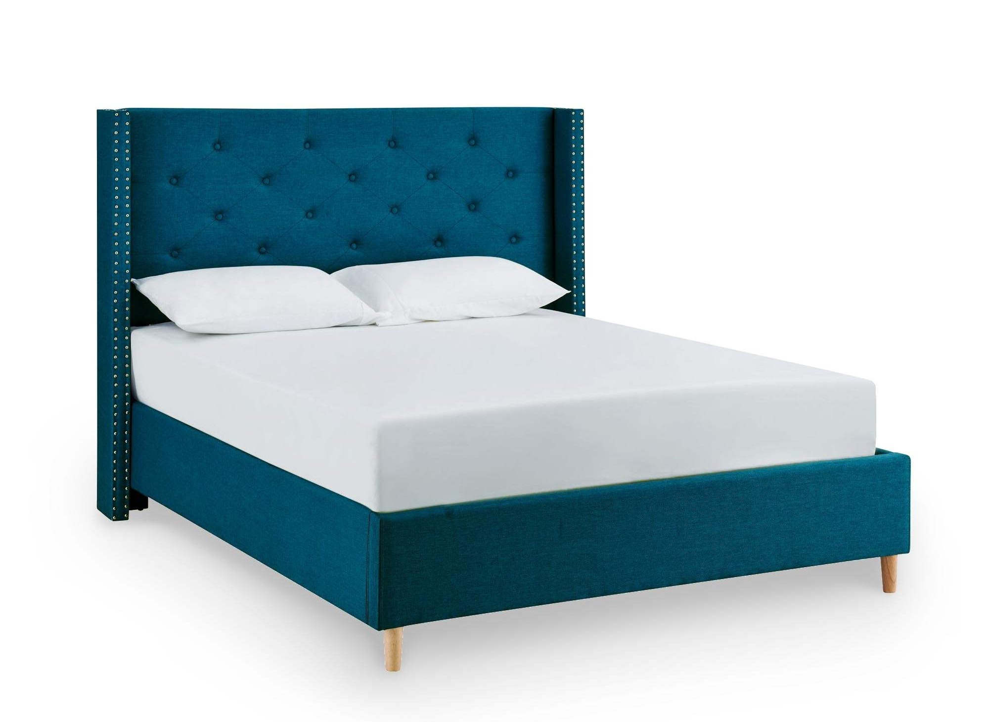 Lit double en tissu capitonné bleu MARGOT 140x190 cm