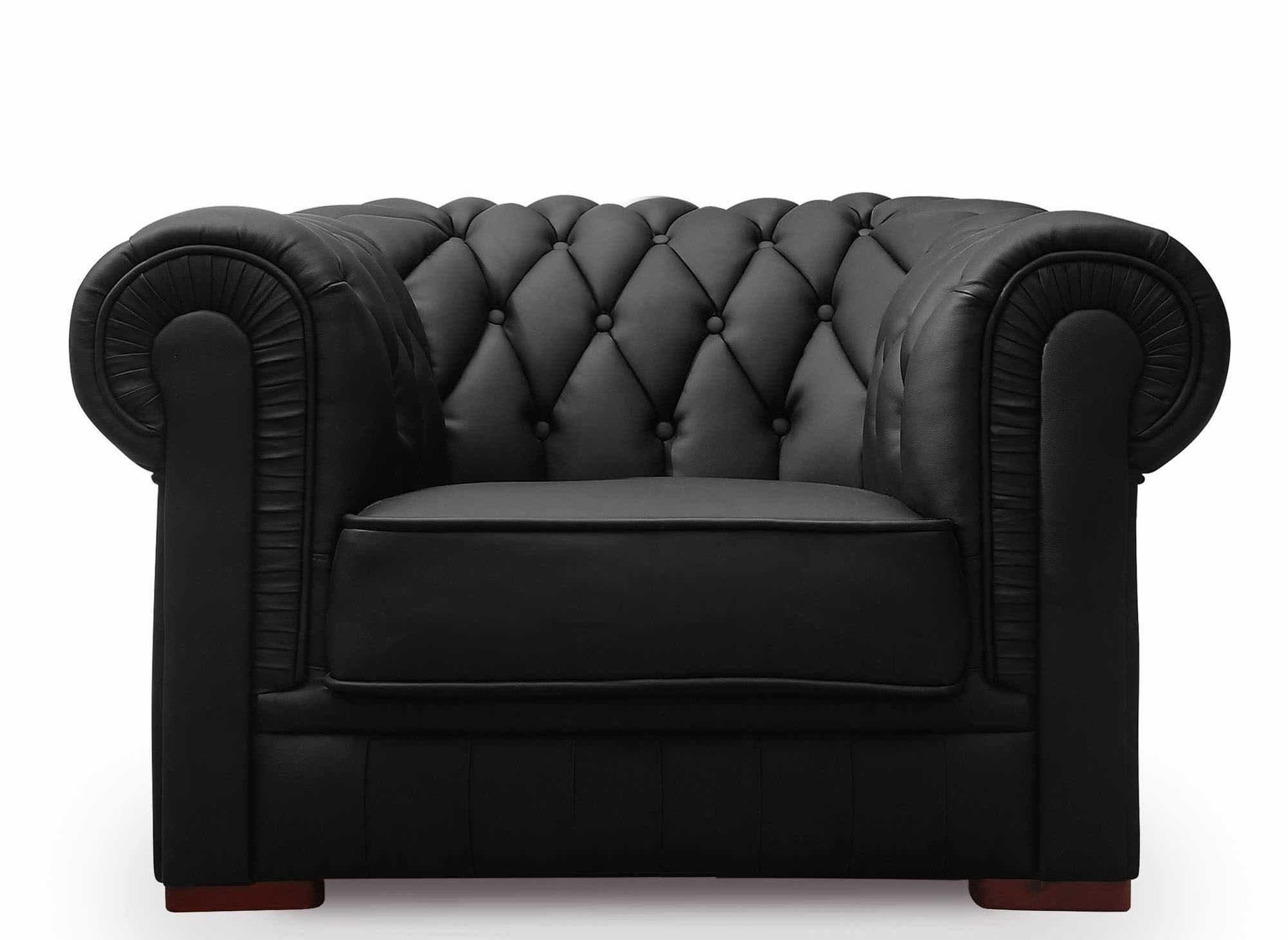 Fauteuil capitonne en cuir noir chesterfield - DECOINPARIS