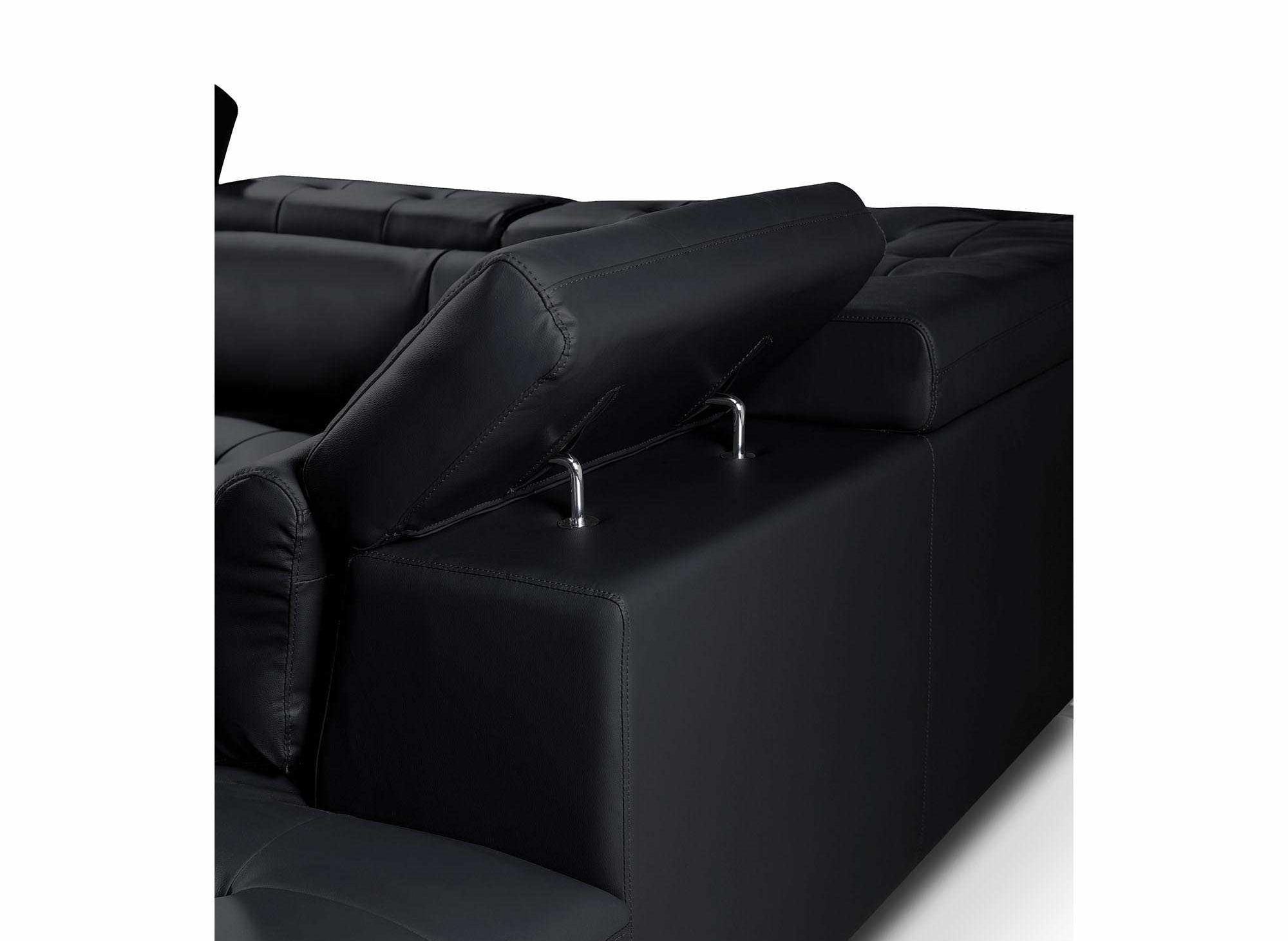 Canapé d'angle noir capitonné + têtières relevable FIONA - Angle Droit