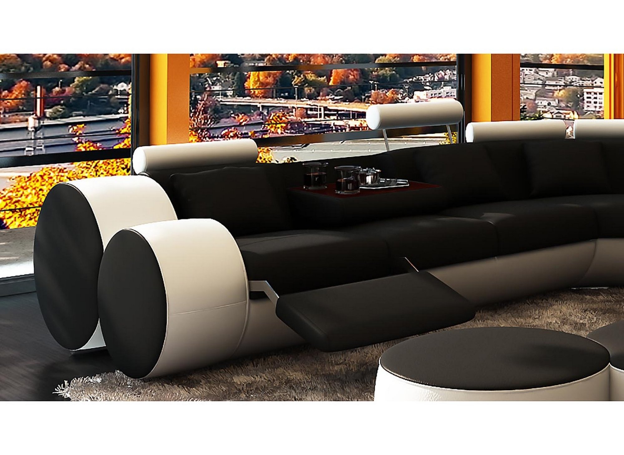 Canapé d'angle cuir noir et blanc + positions relax ROMA - Angle Droit
