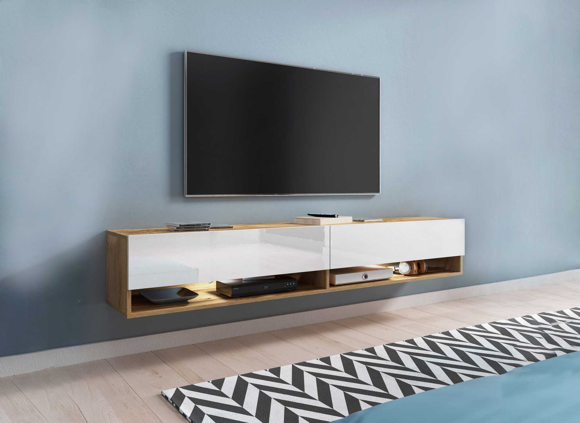 Meuble TV suspendu 2 portes 2 niches en chêne et blanc ROMANE XXL - 180 cm