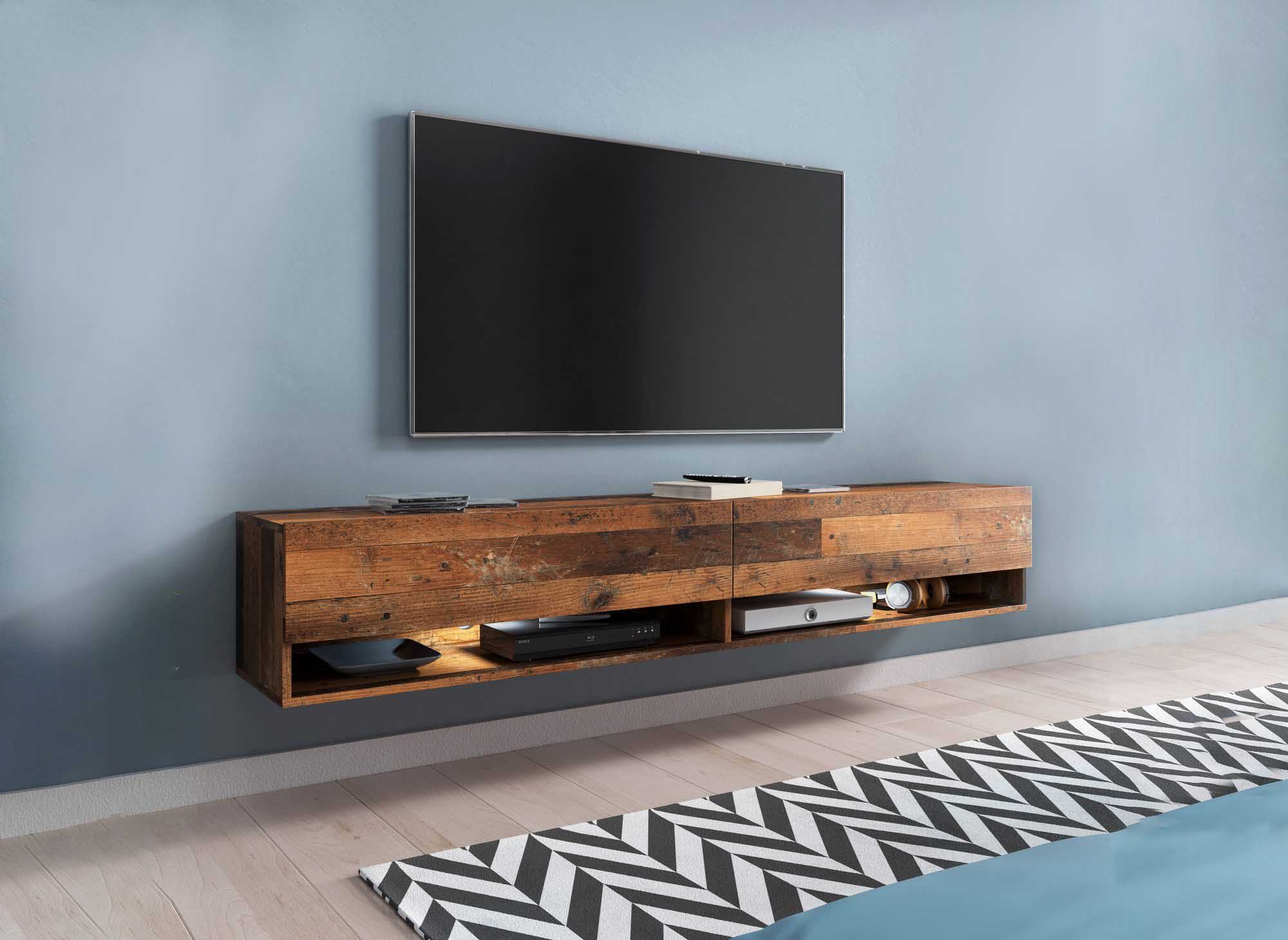 Meuble TV suspendu 2 portes 2 niches en chêne vieilli ROMANE XXL - 180 cm