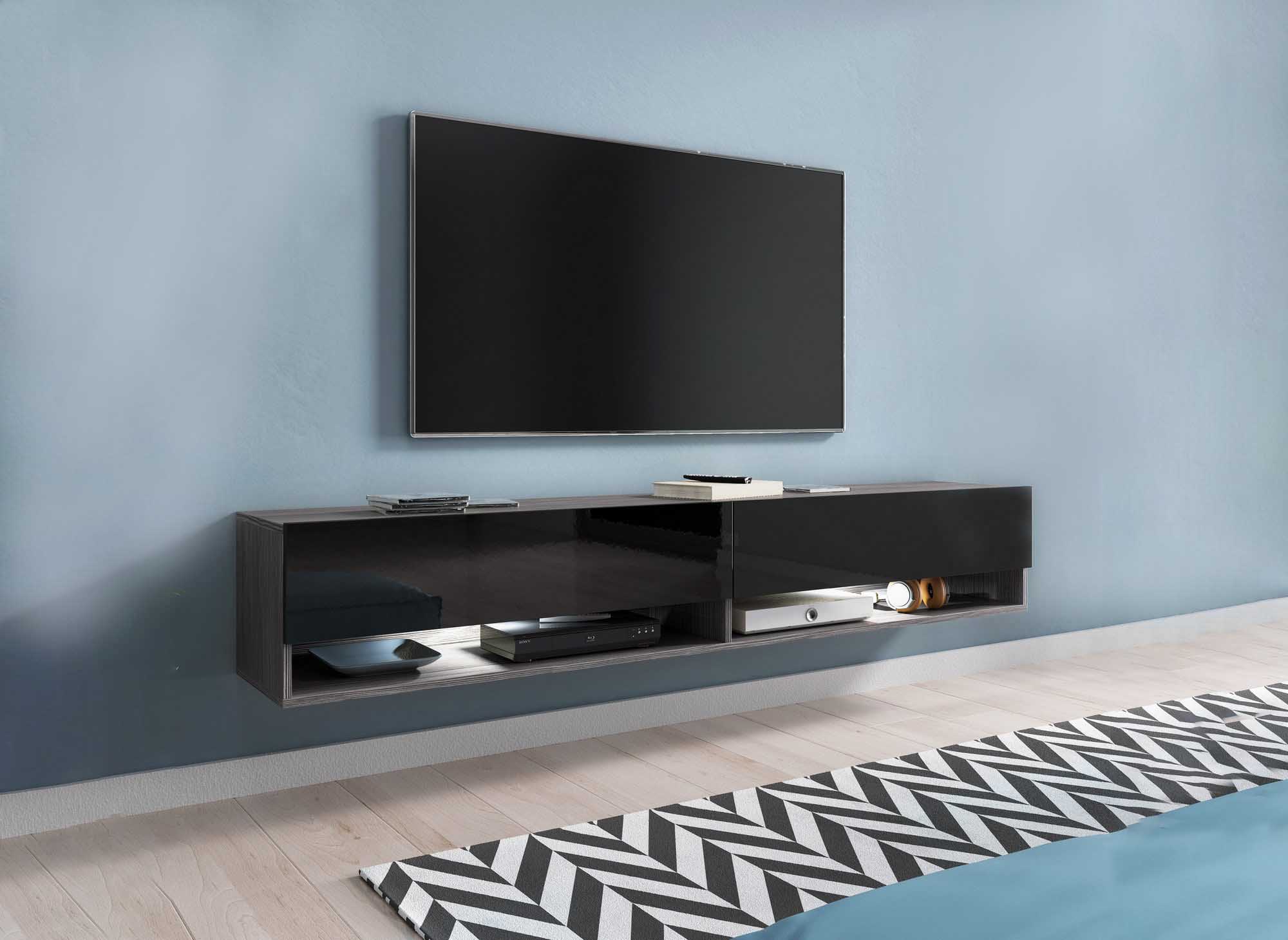 Meuble TV suspendu 2 portes 2 niches gris foncé et noir ROMANE XXL - 180 cm