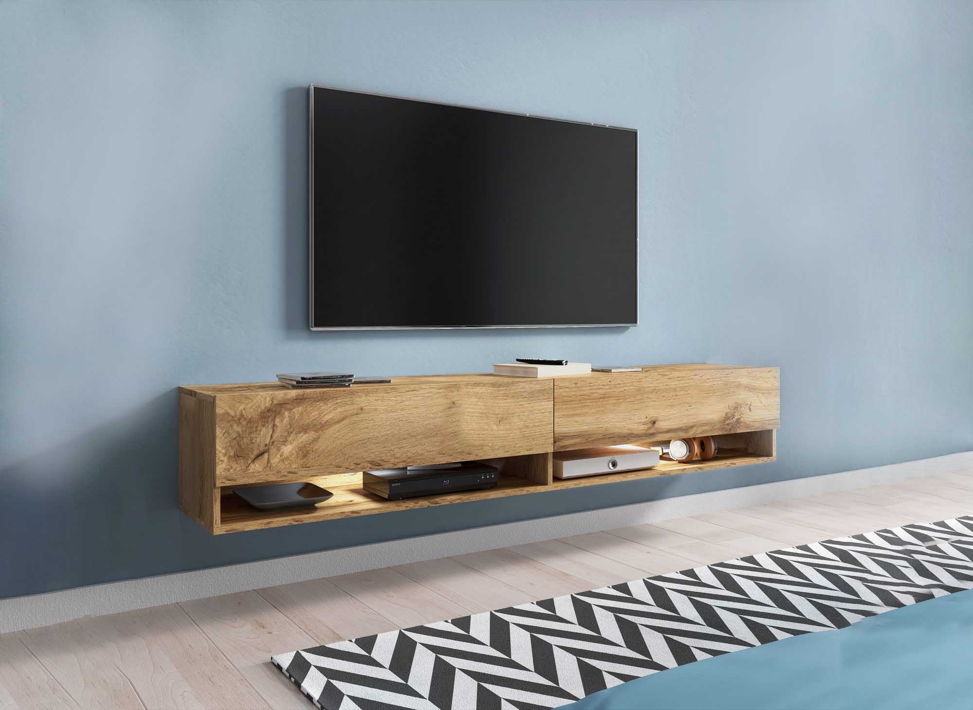 Meuble TV suspendu 2 portes 2 niches en chêne ROMANE XXL - 180 cm