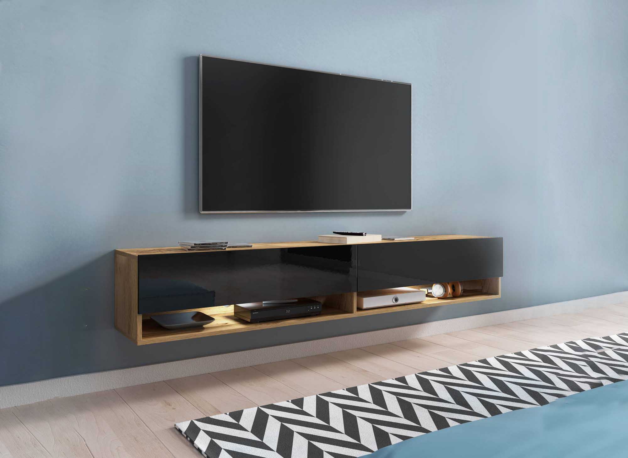 Meuble TV suspendu 2 portes 2 niches en chêne et noir ROMANE XXL - 180 cm