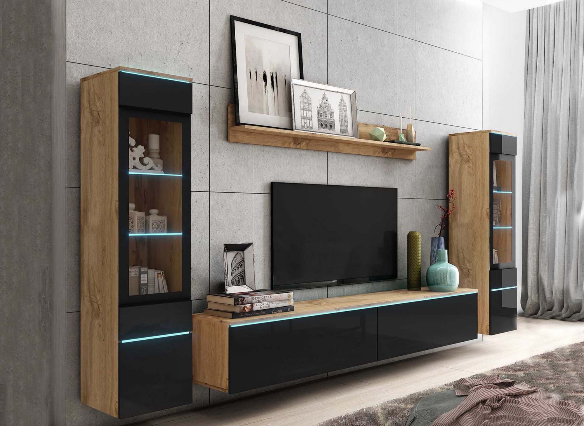 Ensemble TV design noir et bois avec rangements et étagère