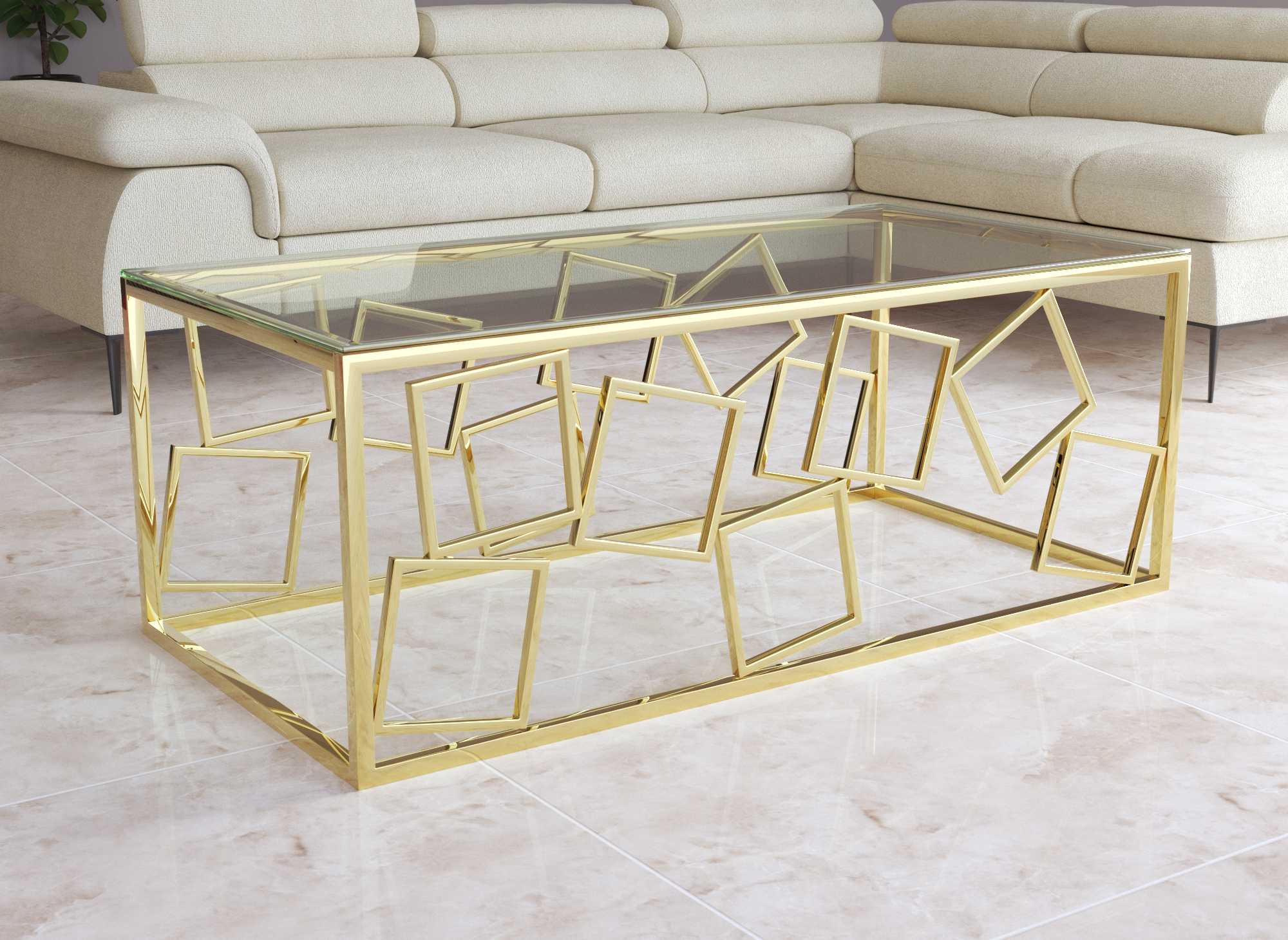 Table basse design en verre et métal doré rectangulaire ARVI