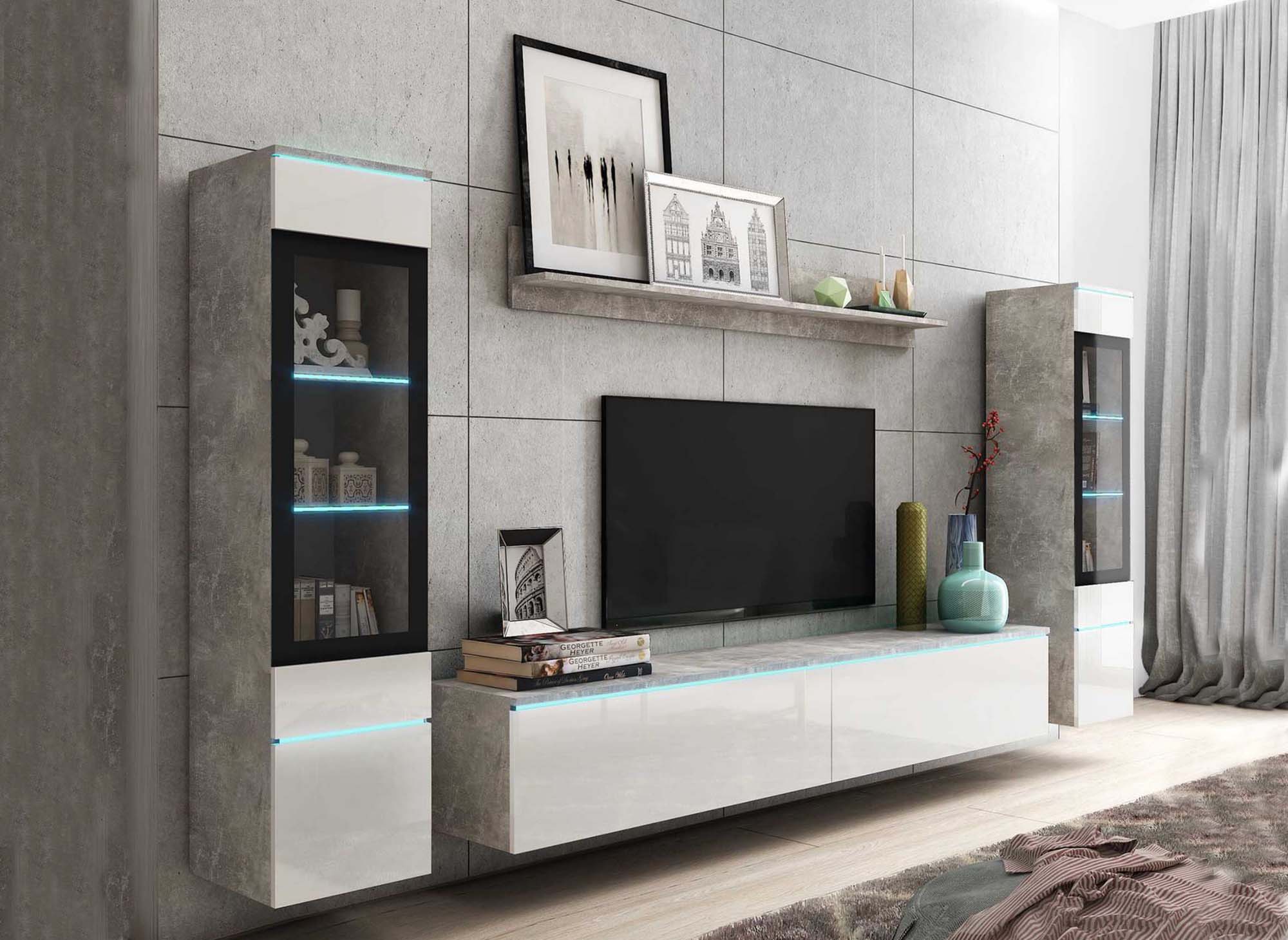 Meuble TV contemporain gris béton et blanc laqué avec LED - VERONICA XL
