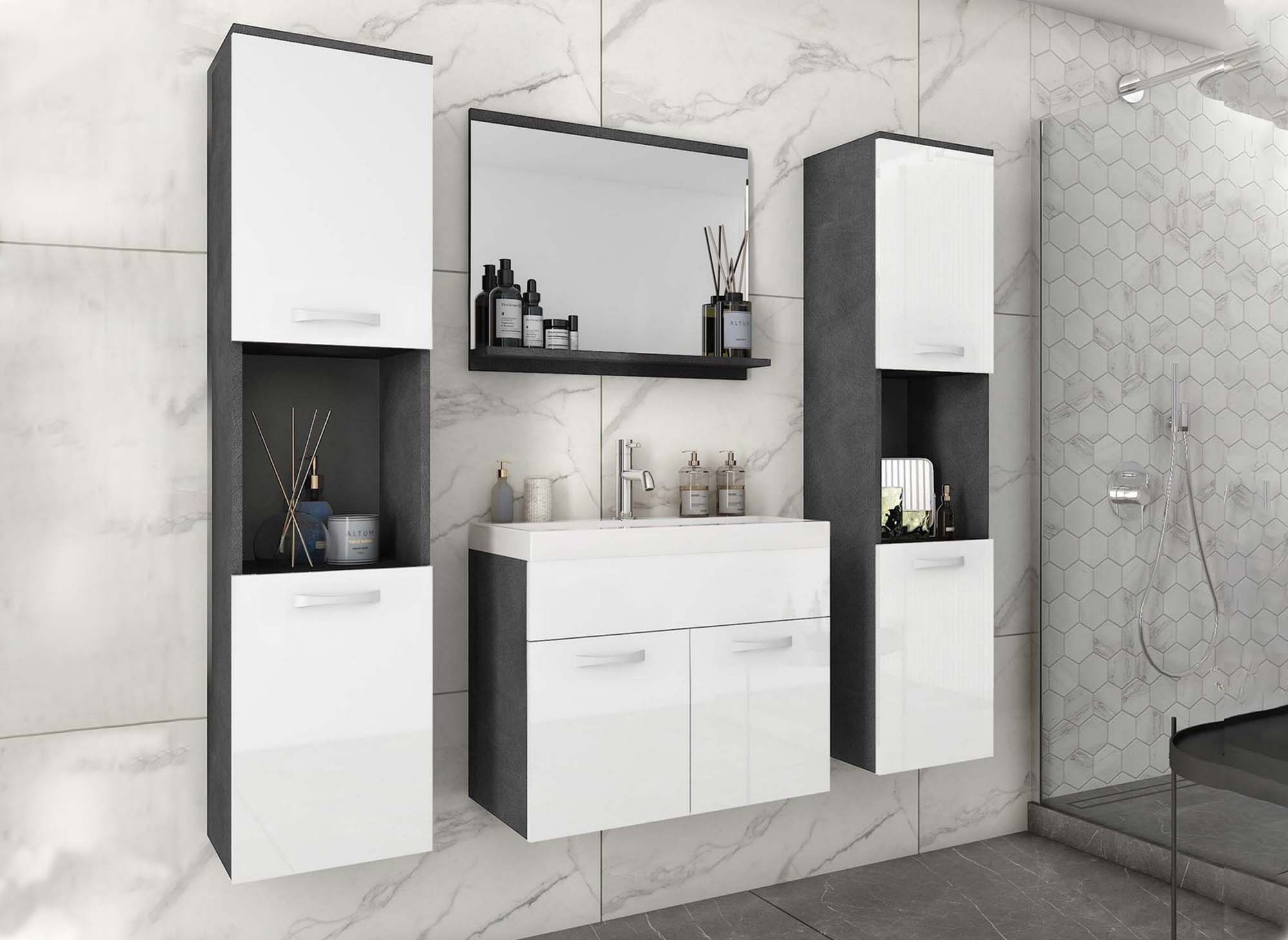 Meuble salle de bain blanc avec panier à linge intégré gris Armoire - Ciel  & terre