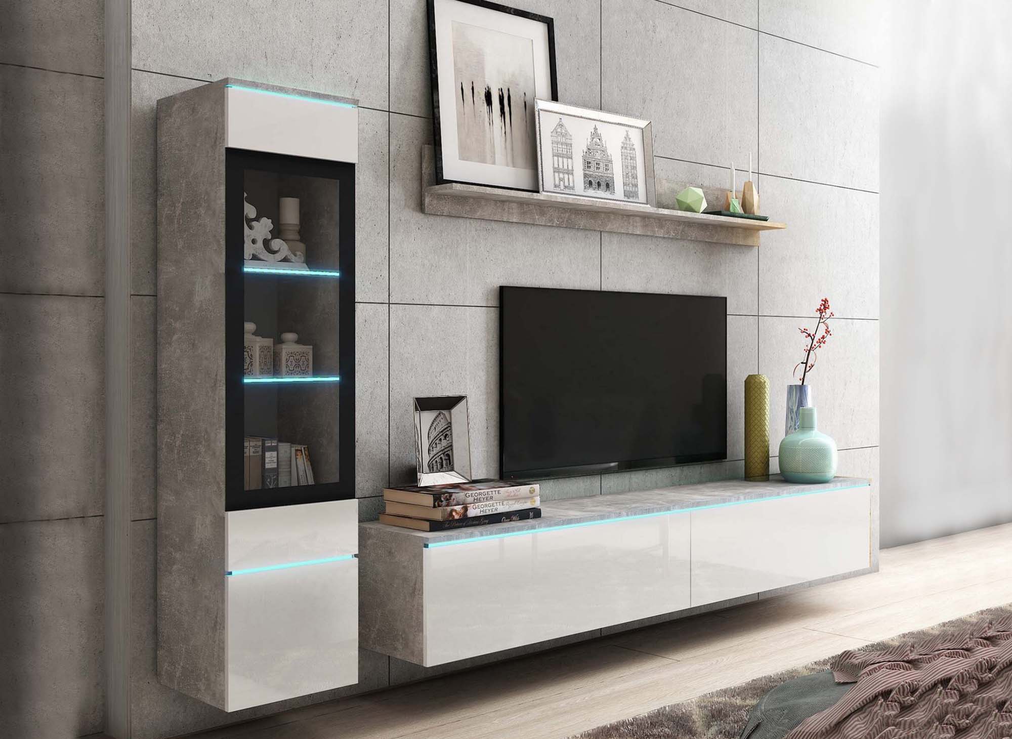 Meuble TV contemporain gris béton et blanc laqué avec LED - VERONICA