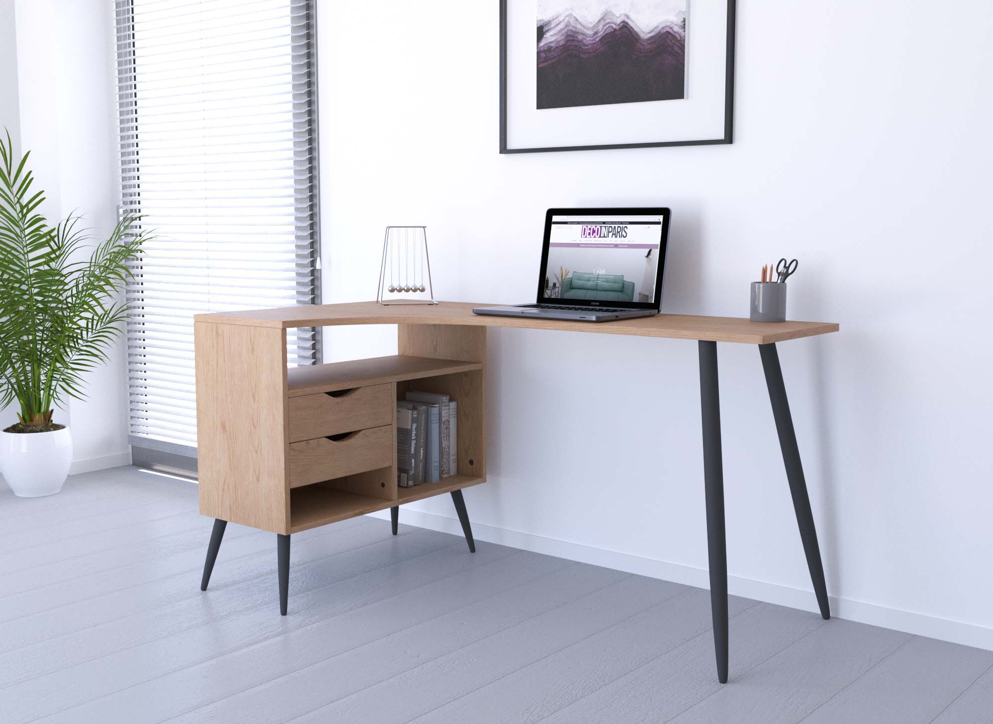 Bureau d'angle avec caisson en bois LEOMIR - DECOINPARIS