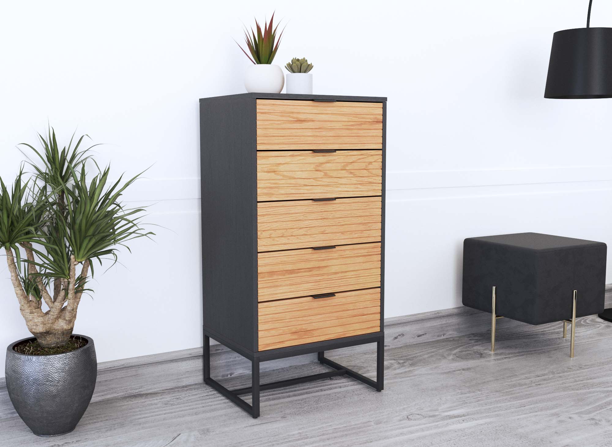 Commode 5 tiroirs en bois clair et métal noir TISSIA