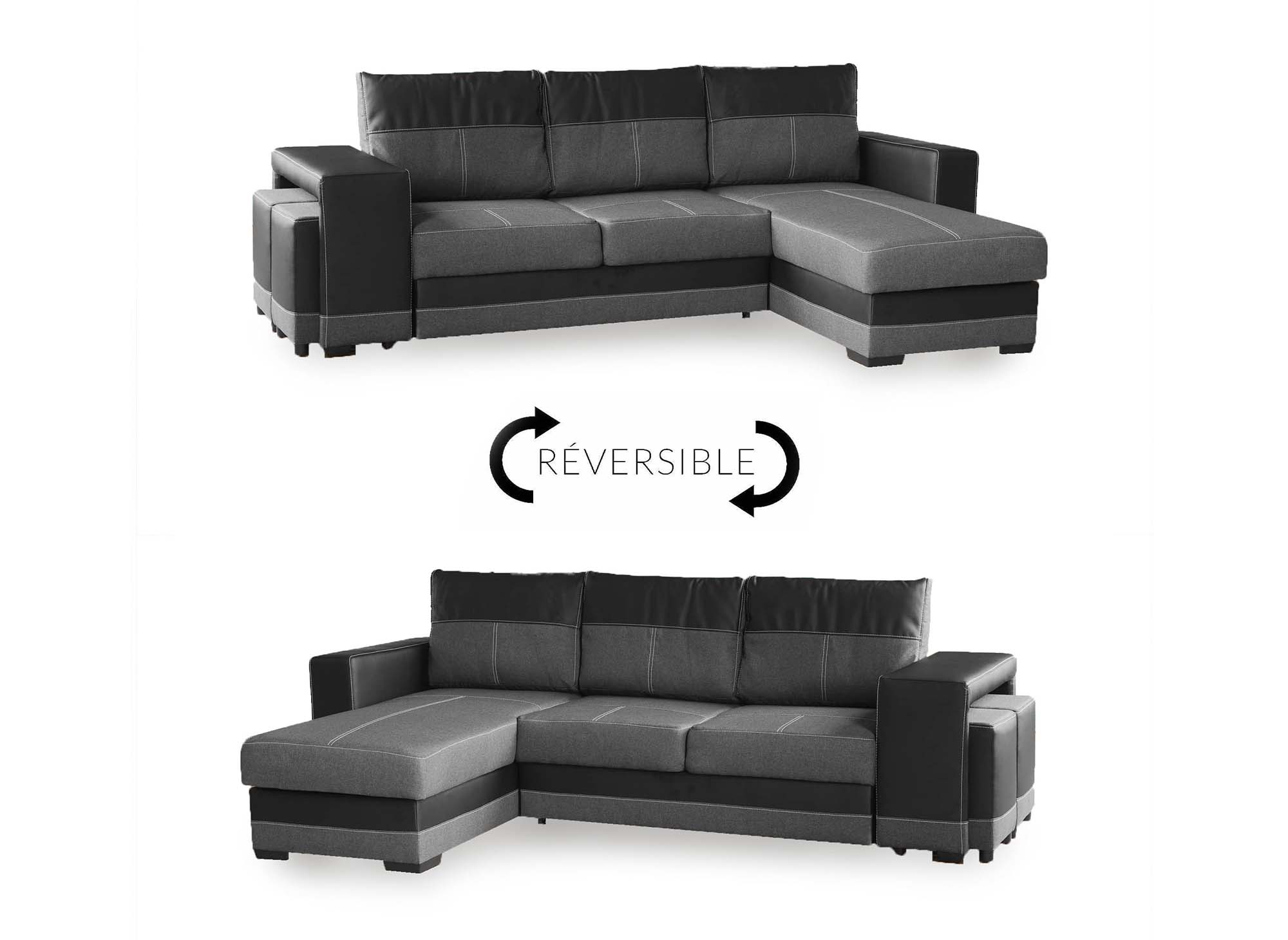 Canapé d'angle réversible convertible avec coffre et 2 poufs noir et anthracite LISBONNE