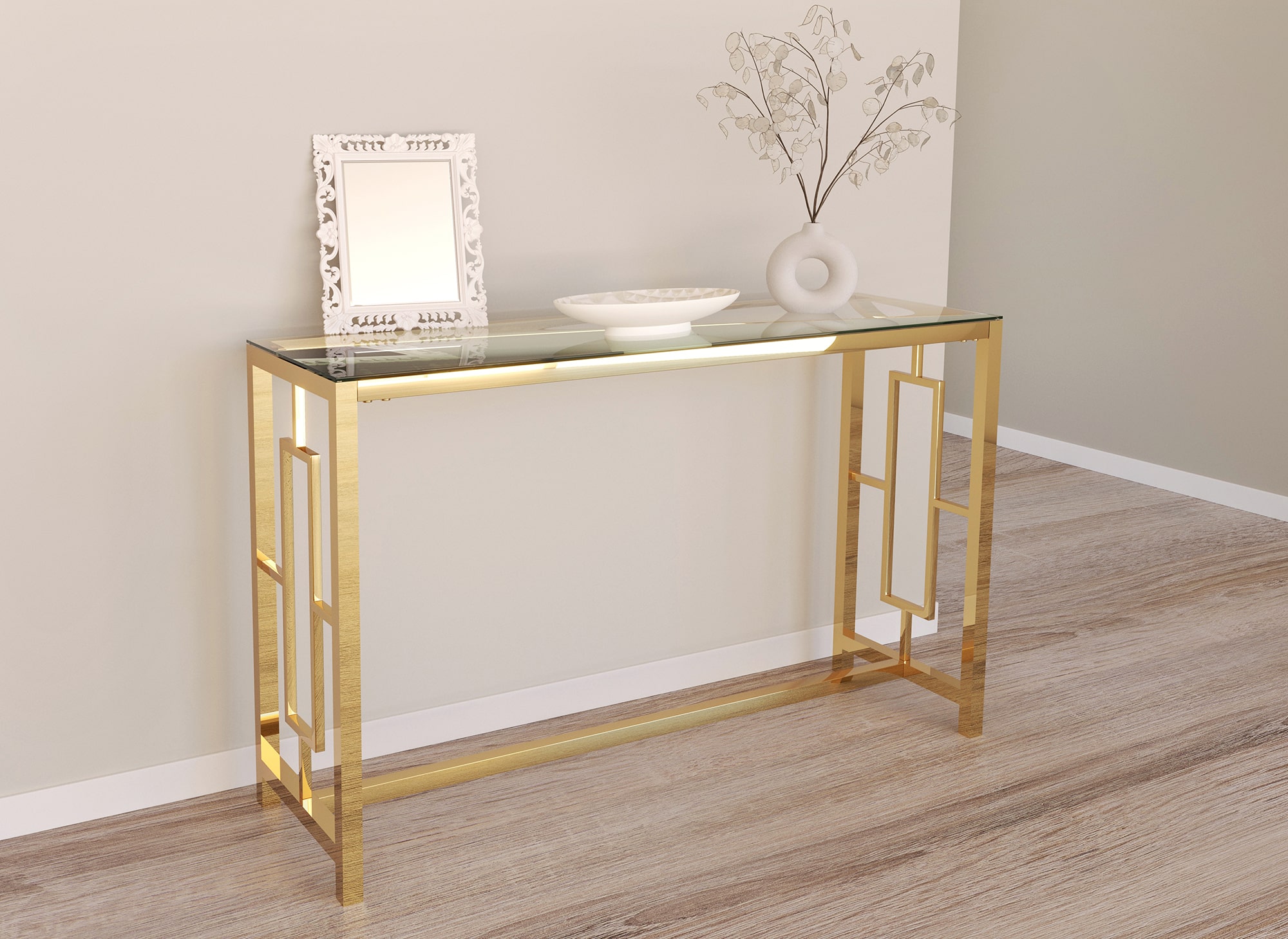 Console design en verre transparent et métal doré DOLLY