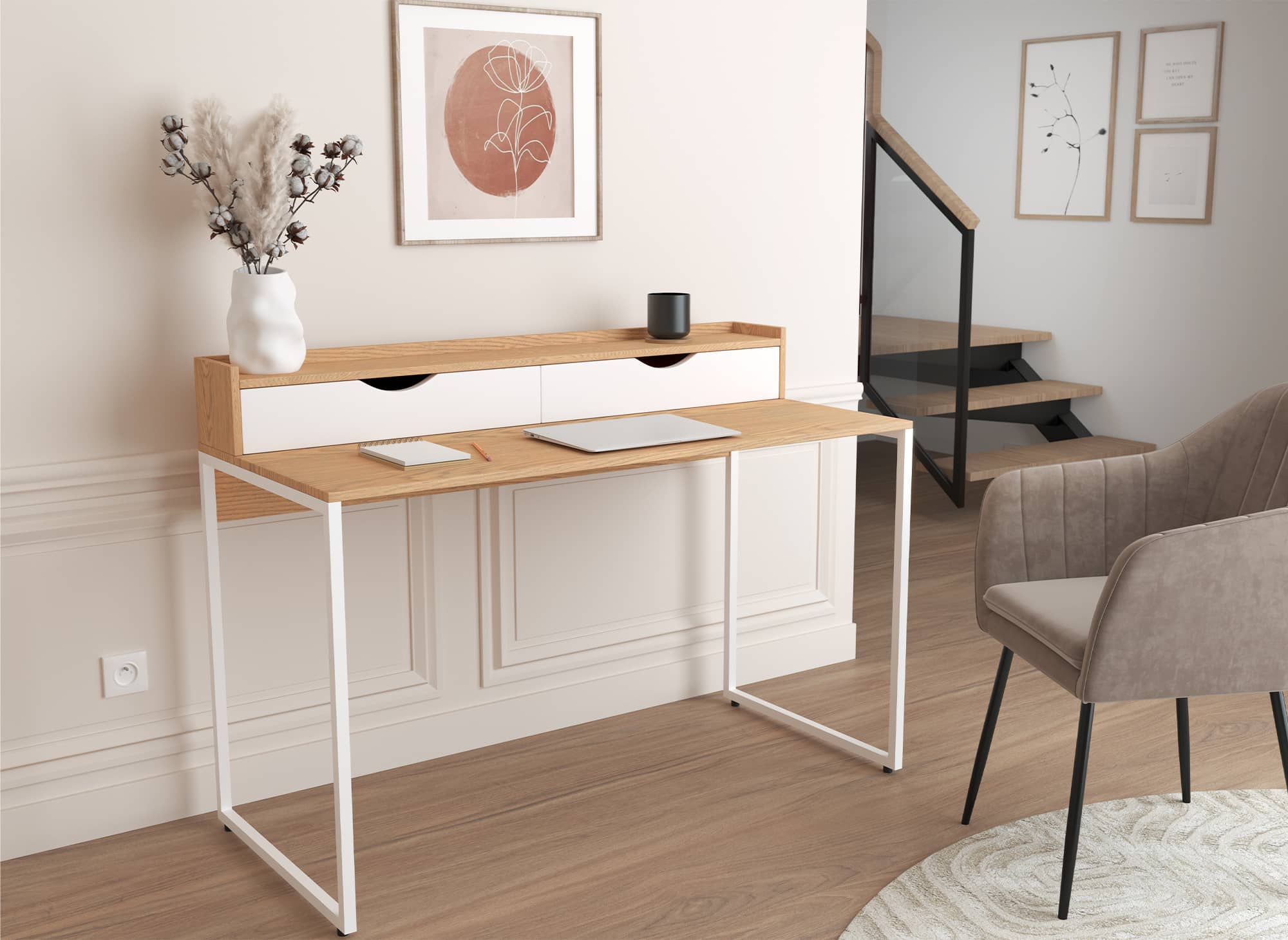 Bureau 90 cm avec 2 étagères décor chêne et métal