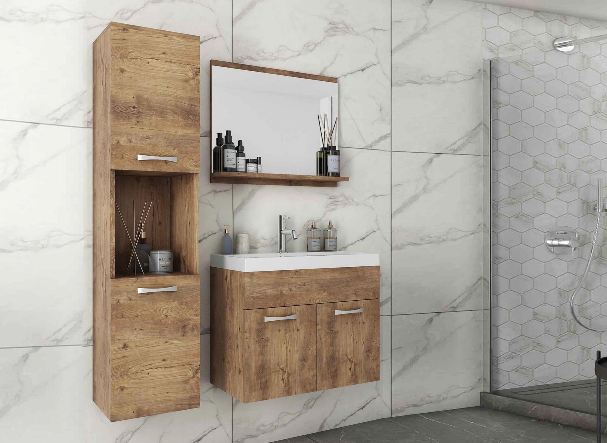 Ensemble meubles salle de bain design suspendu - Bois clair HARMONY