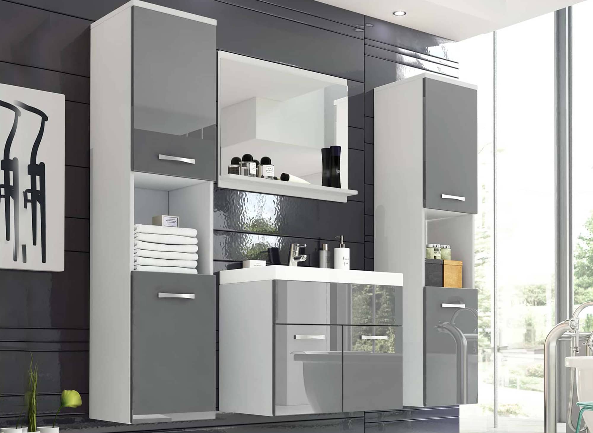 Ensemble meubles salle de bain design suspendu XL - Blanc et gris HARMONY