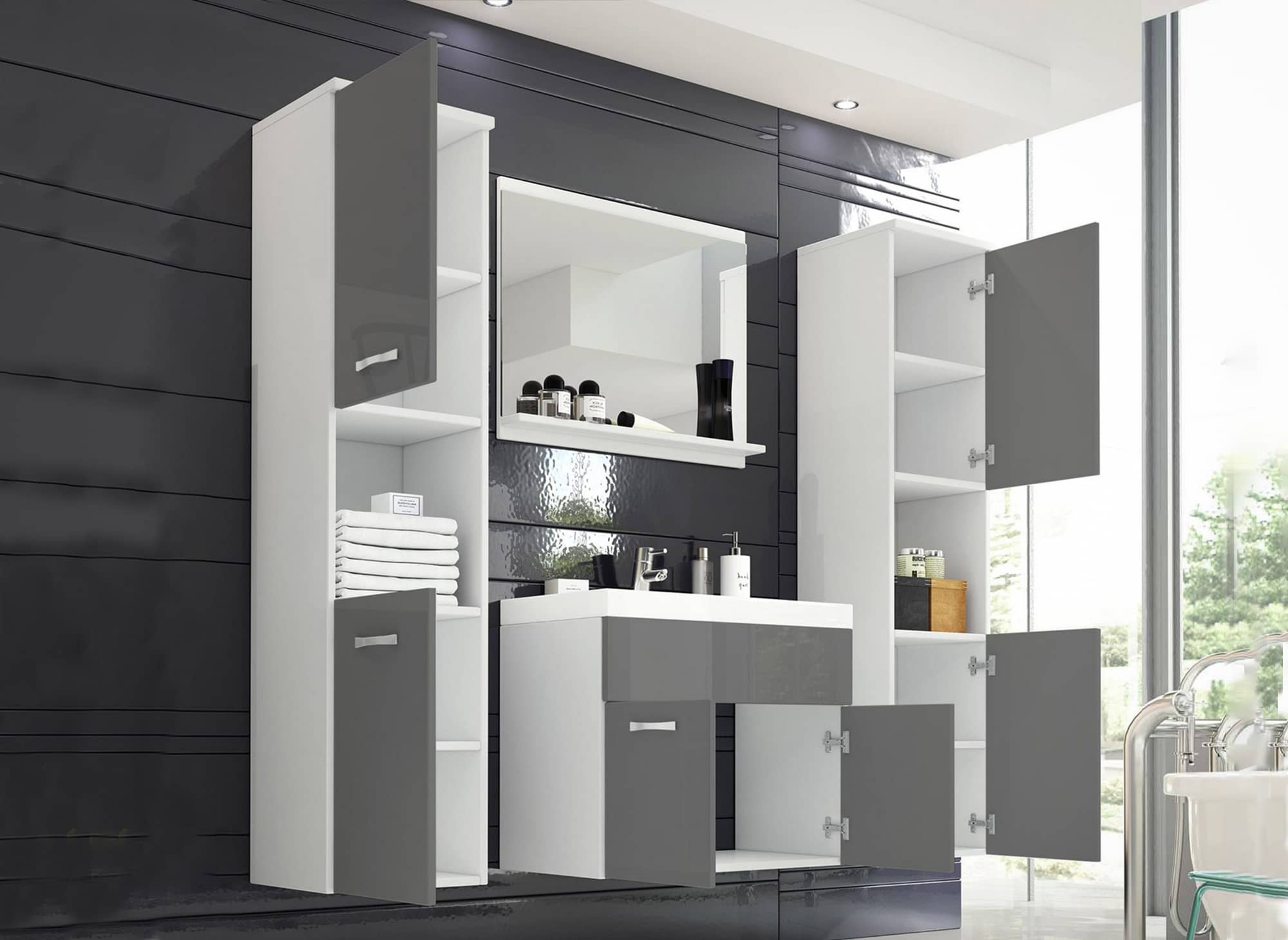 Ensemble meubles salle de bain design suspendu XL - Blanc et gris HARMONY