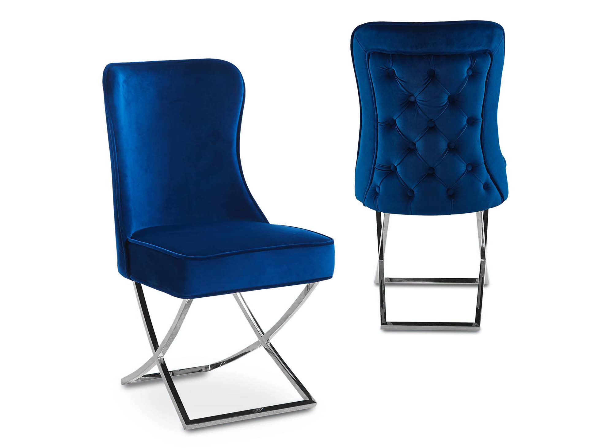 Lot de 2 chaises en velours bleu pieds en métal argenté  ETHAN