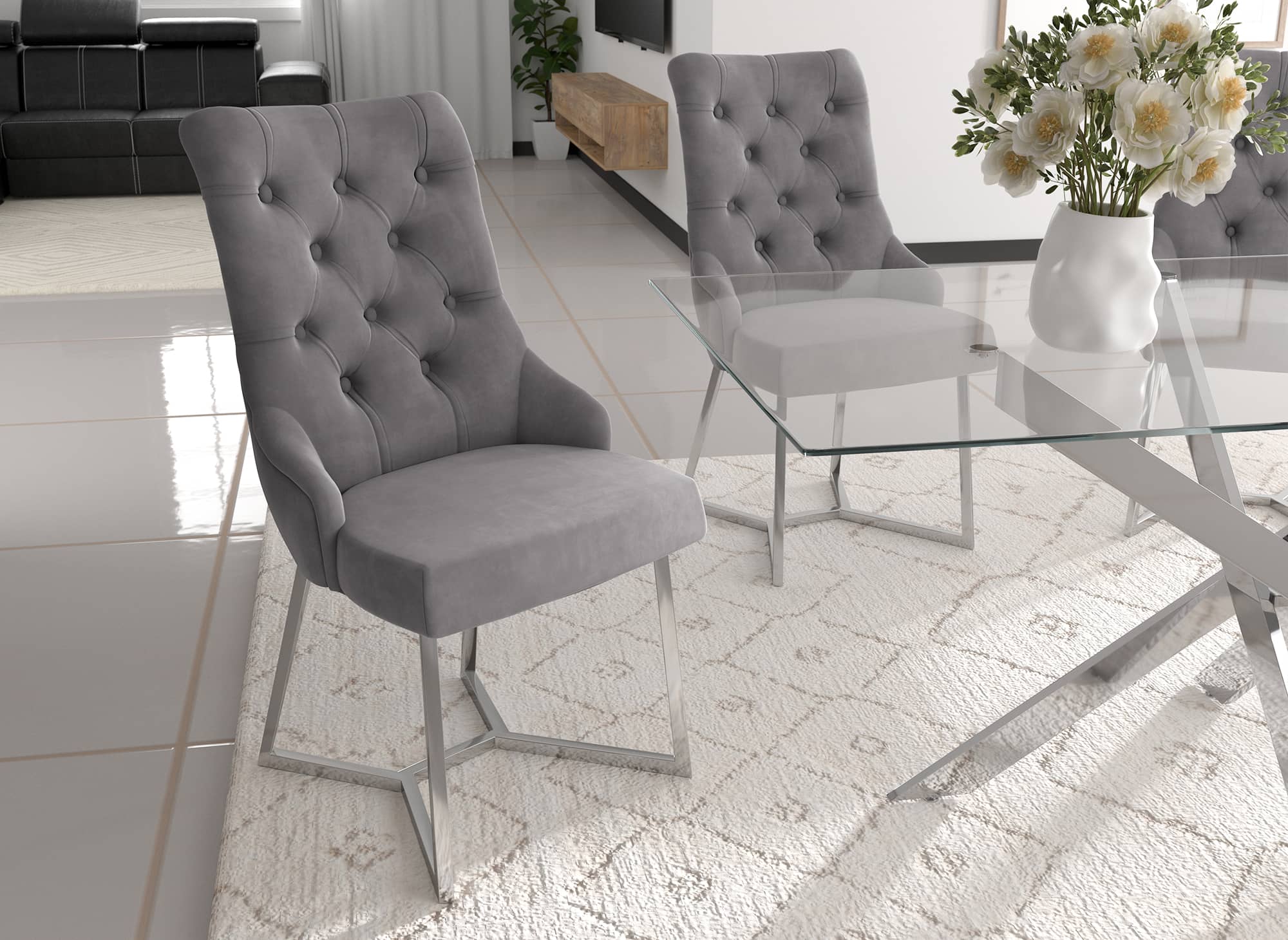 Lot de 2 chaises en velours gris pieds en métal argenté KIERA