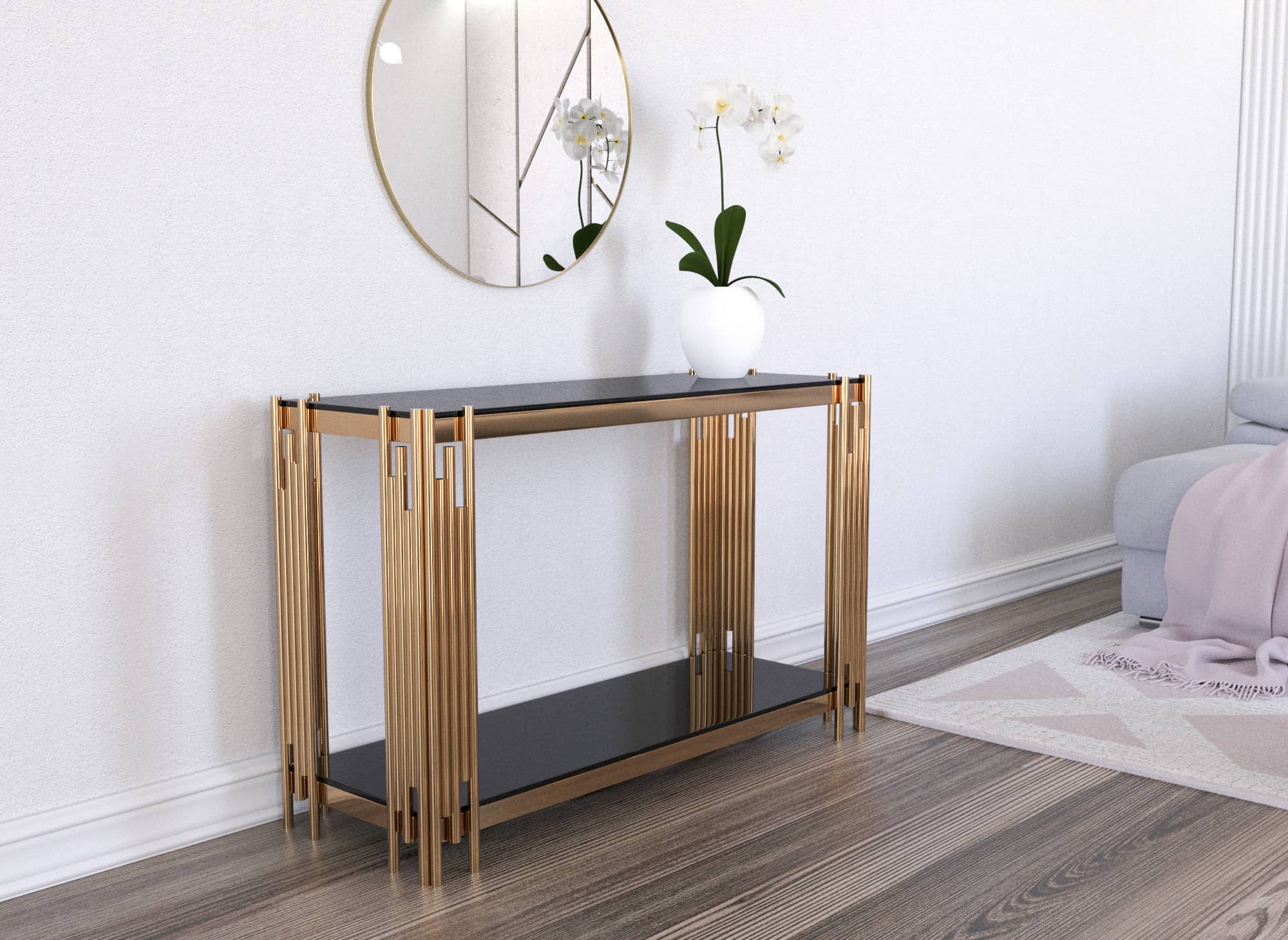 Console design en verre noir et métal cuivre ORIANA