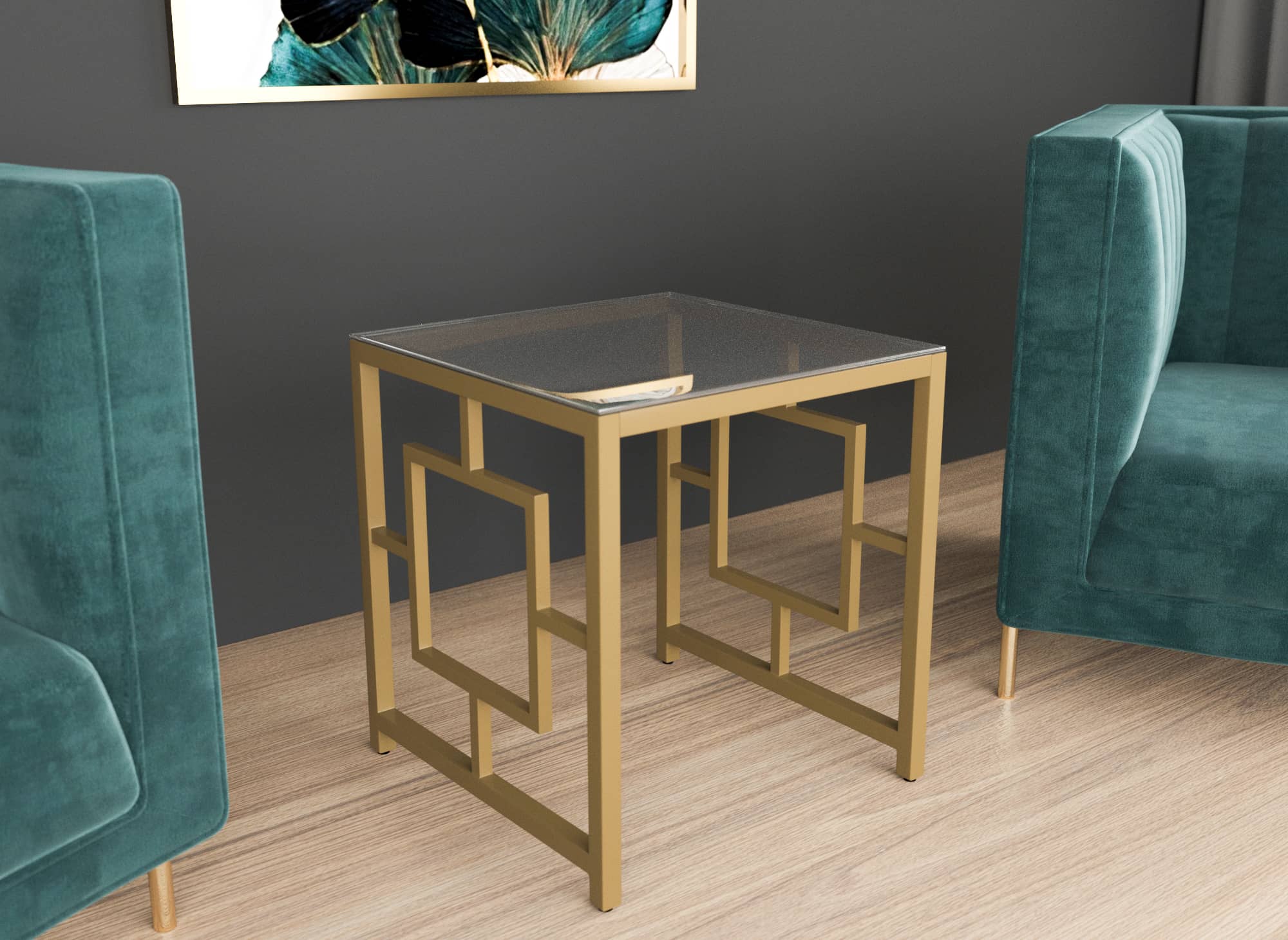 Table basse design en verre noir et métal doré carrée PABLO
