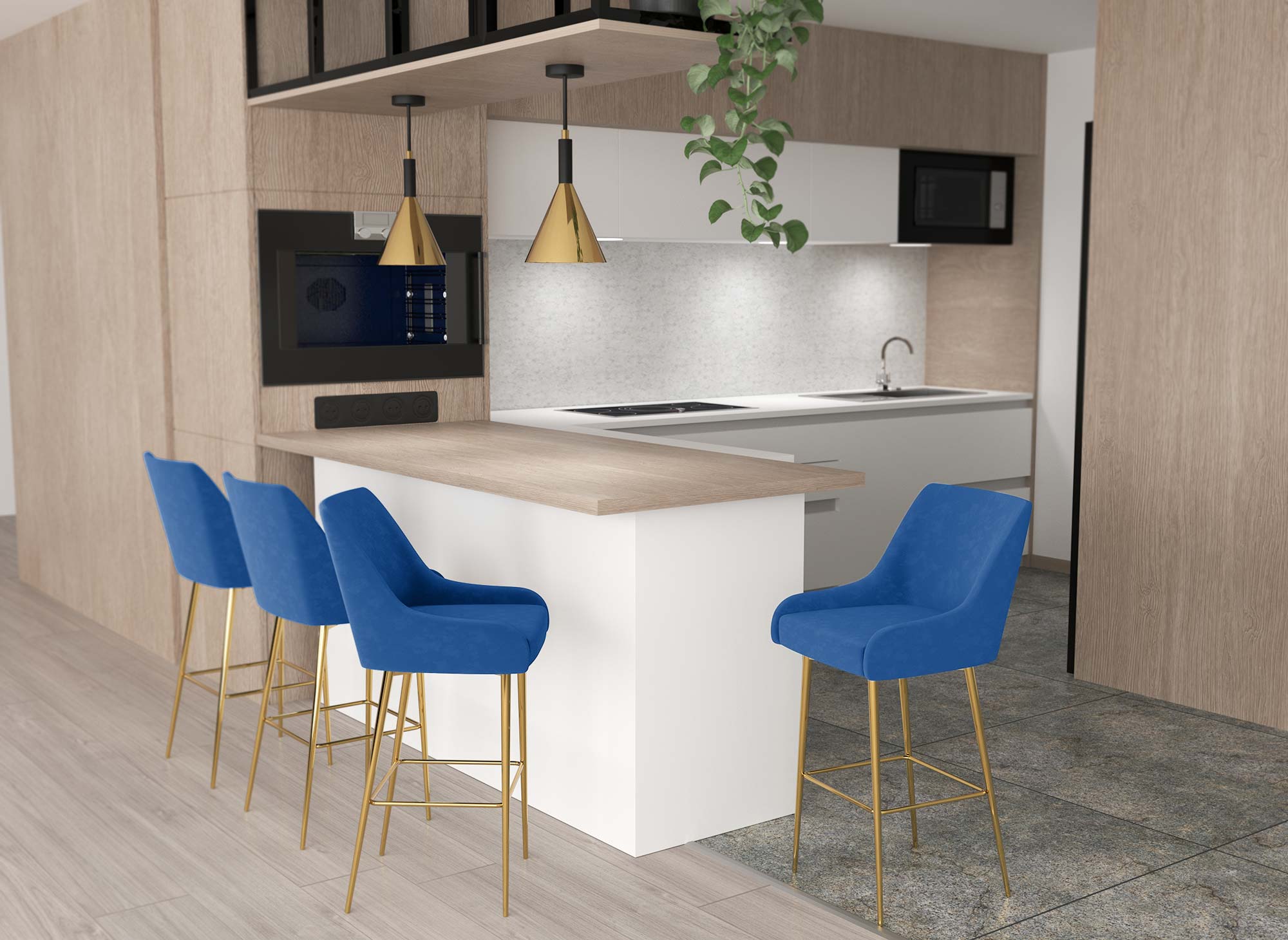Lot de 2 tabourets de bar design en velours bleu LALYA