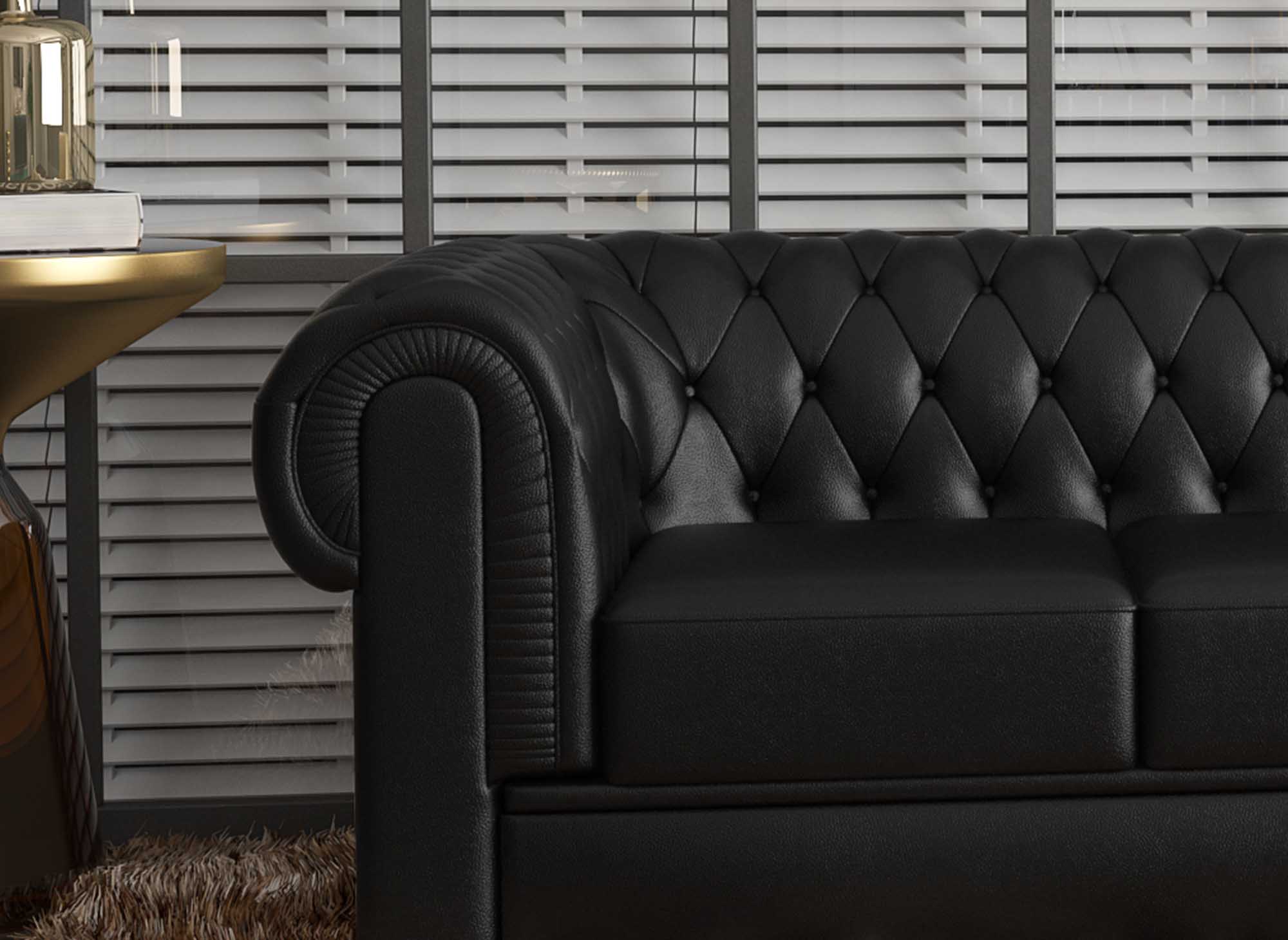 Canapé d'angle méridienne en cuir noir capitonné Chesterfield - Angle Droit