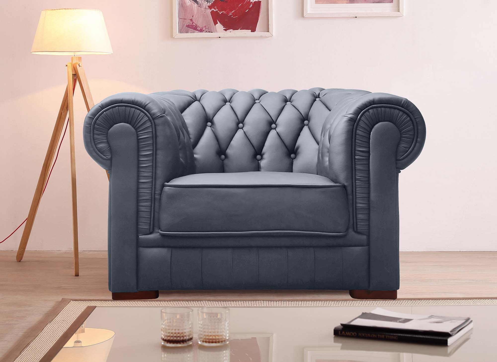 Fauteuil capitonné en cuir gris CHESTERFIELD