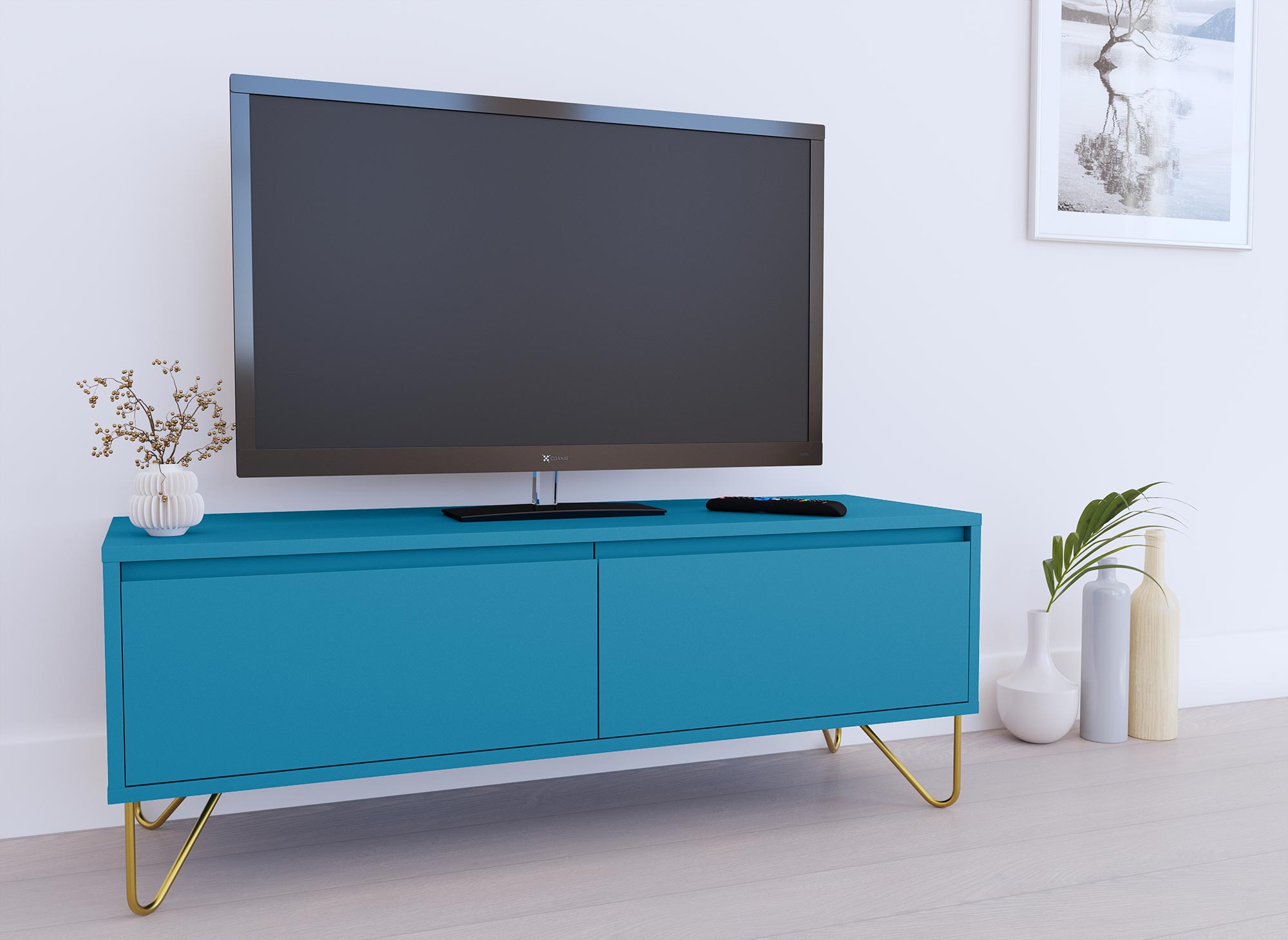 Meuble TV 1 tiroir 1 porte bleu canard DARINA