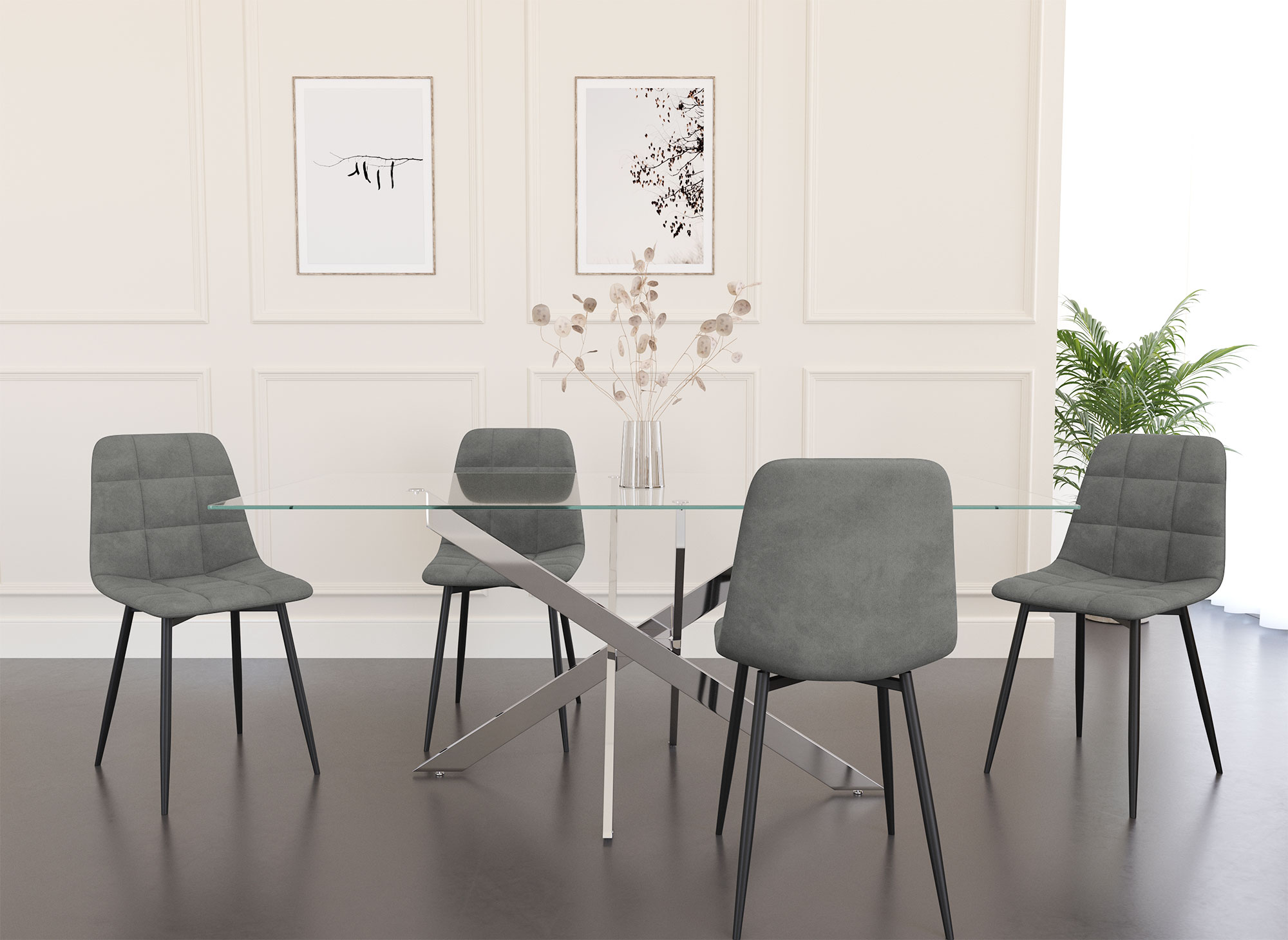 Lot de 4 chaises en velours gris capitonné JEREMI