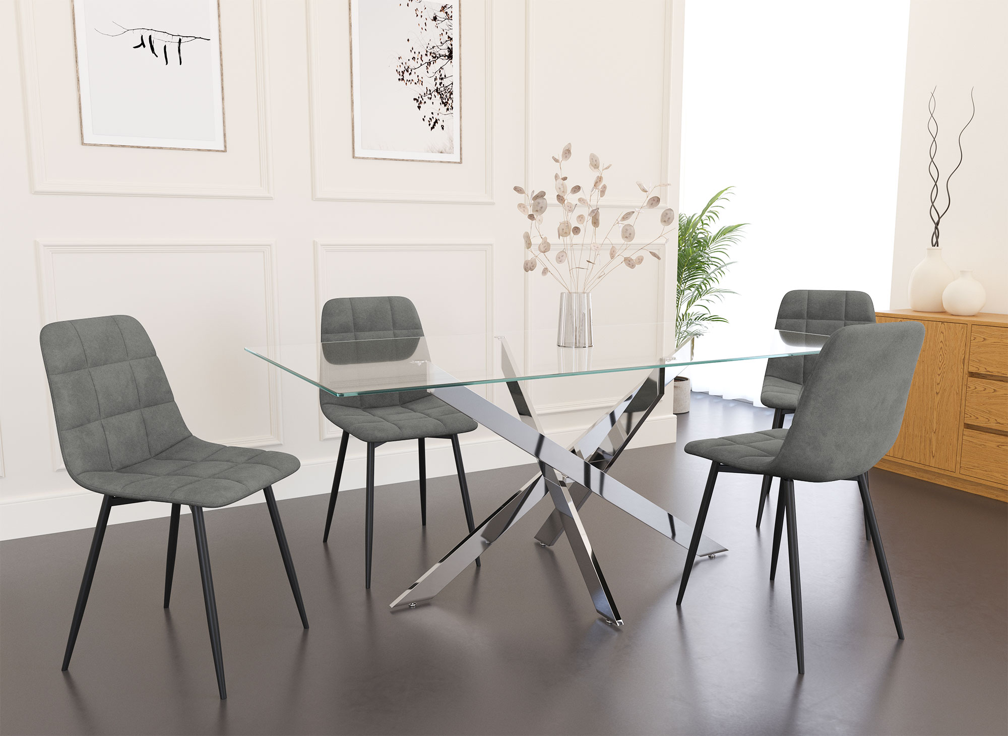 Lot de 4 chaises en velours gris capitonné JEREMI