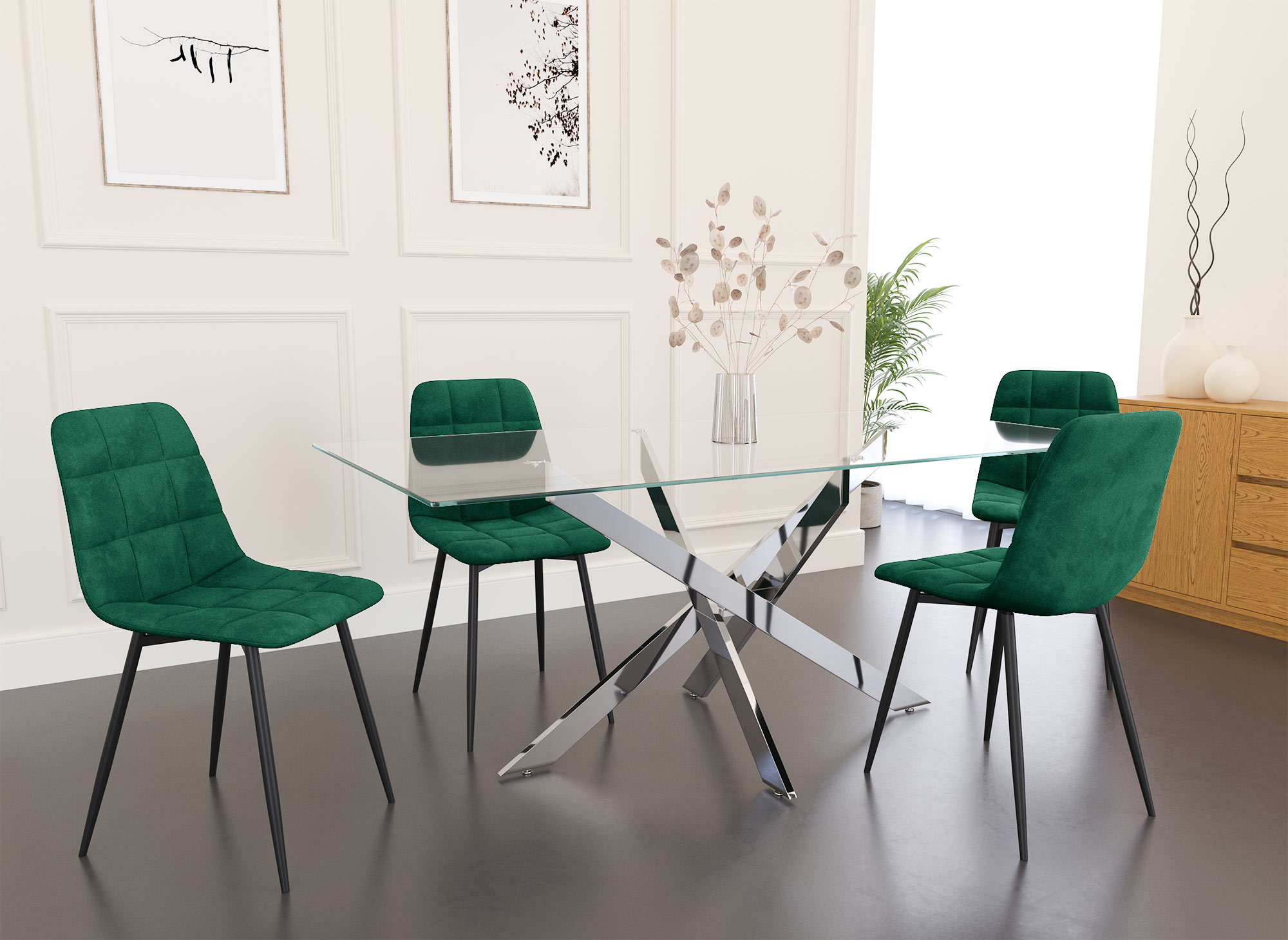 Lot de 4 chaises en velours vert capitonné JEREMI