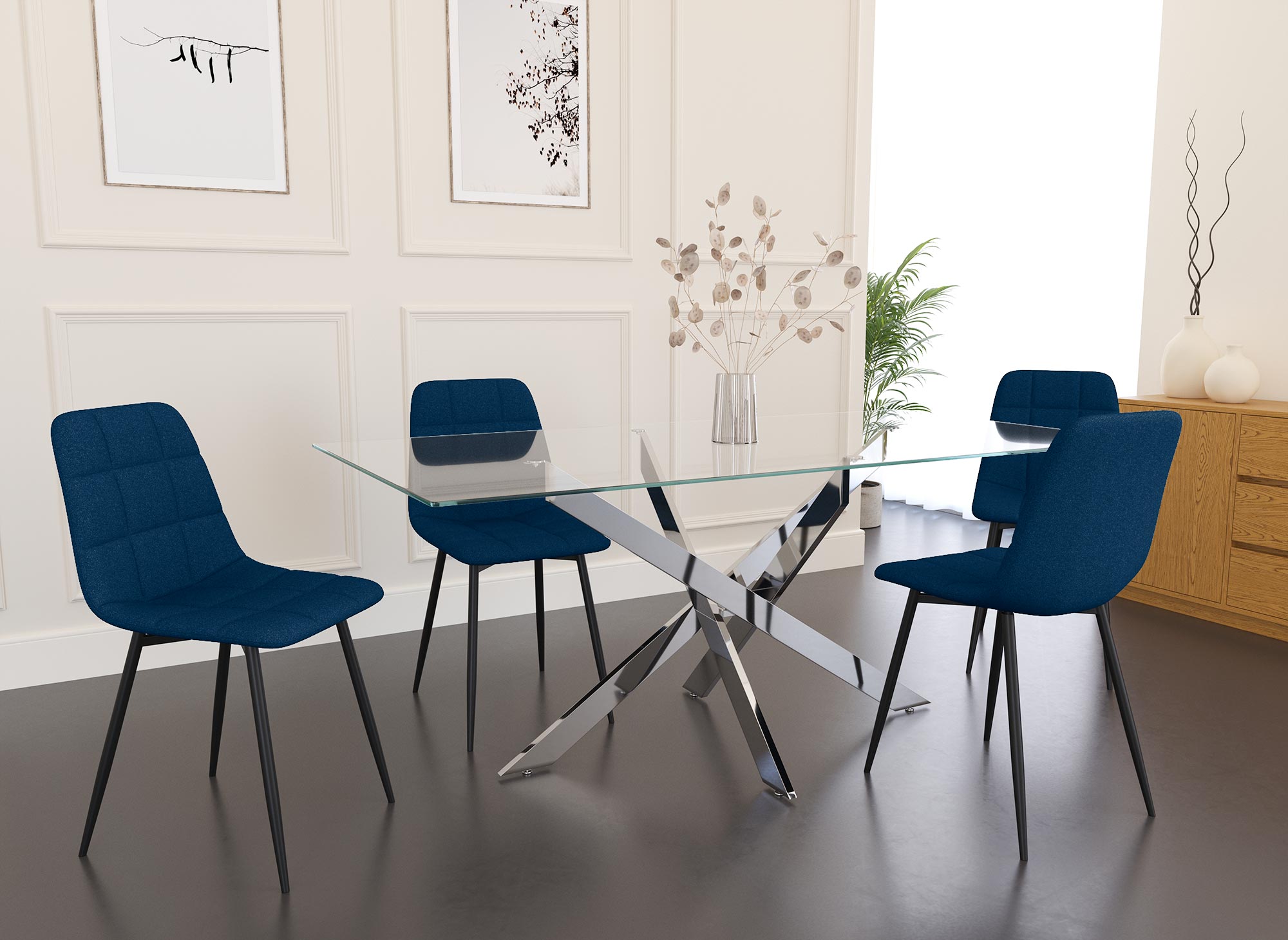 Lot de 4 chaises en tissu bleu capitonné JEREMI