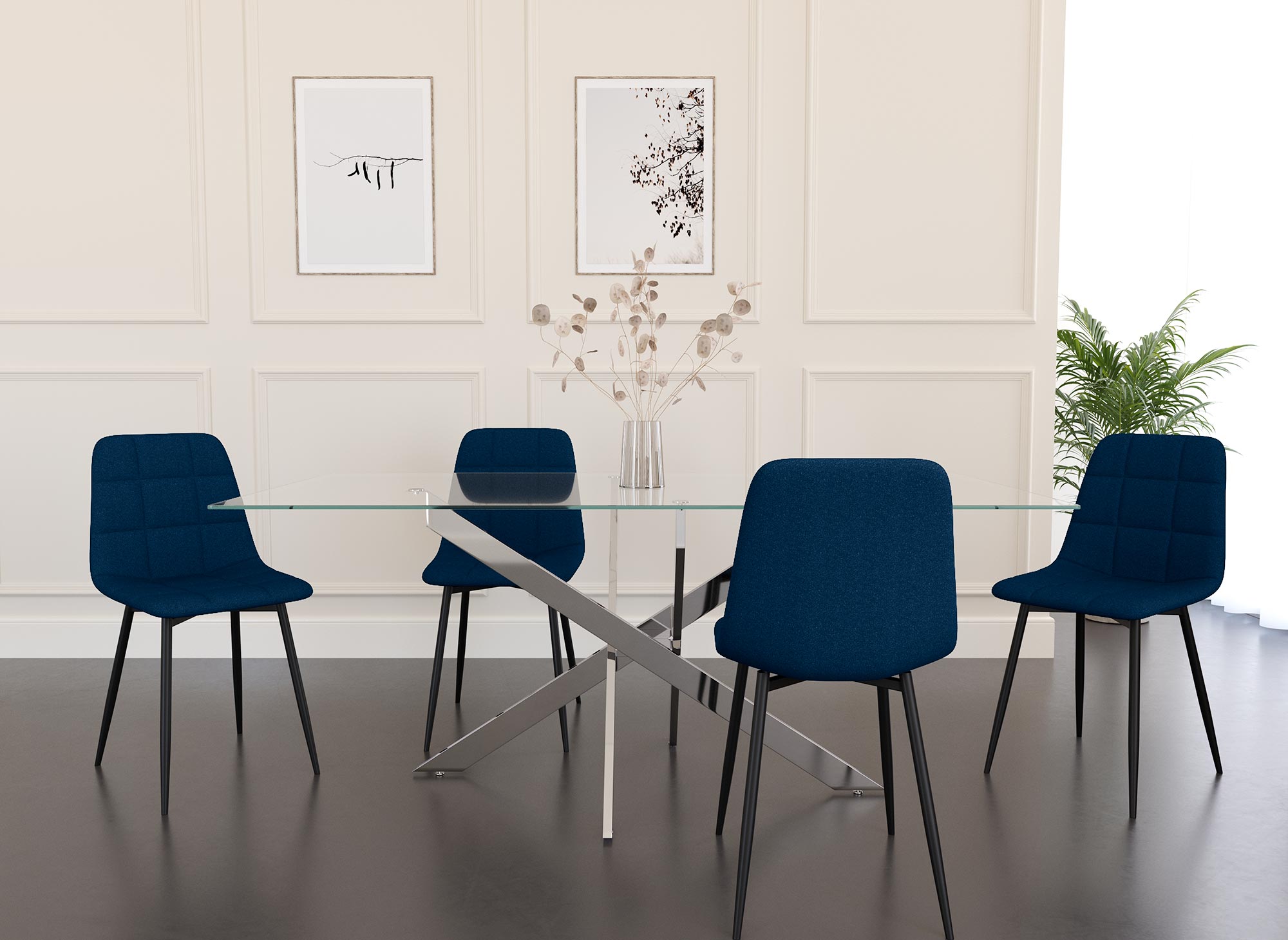 Lot de 4 chaises en tissu bleu capitonné JEREMI