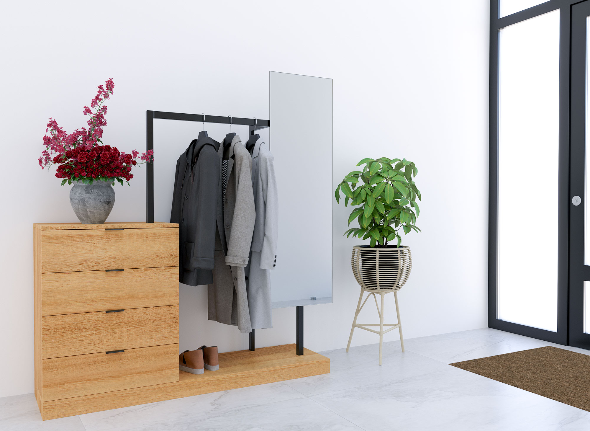 Meuble d'entrée avec armoire miroir et 4 tiroirs en bois et métal GLENN