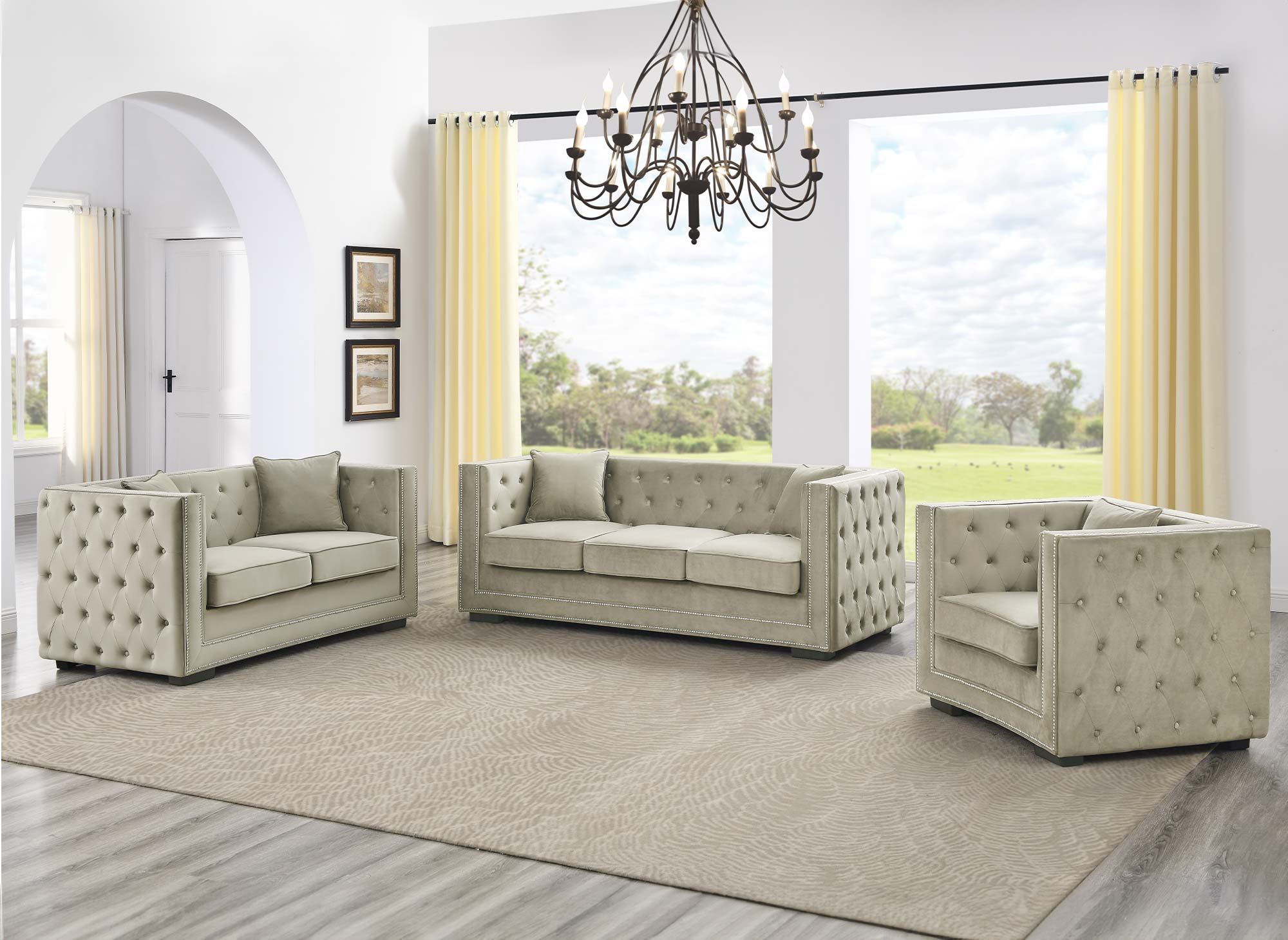 Canapé 3 places capitonné chesterfield design en velours beige CUBE