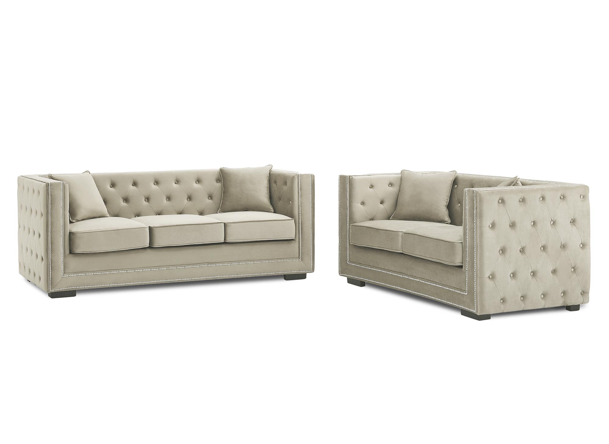 Canapé 3 places capitonné chesterfield design en velours beige CUBE