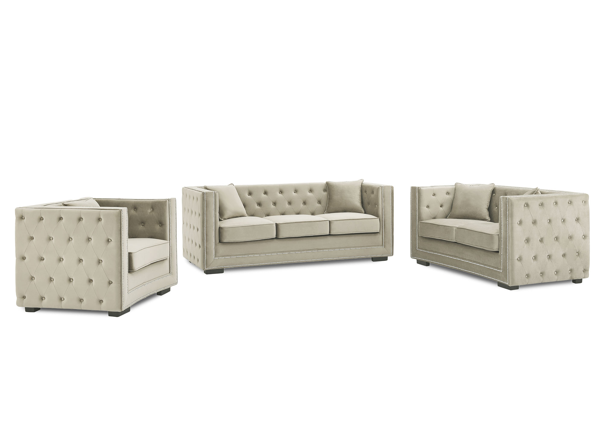 Canapé 3 places capitonné chesterfield design en velours beige CUBE