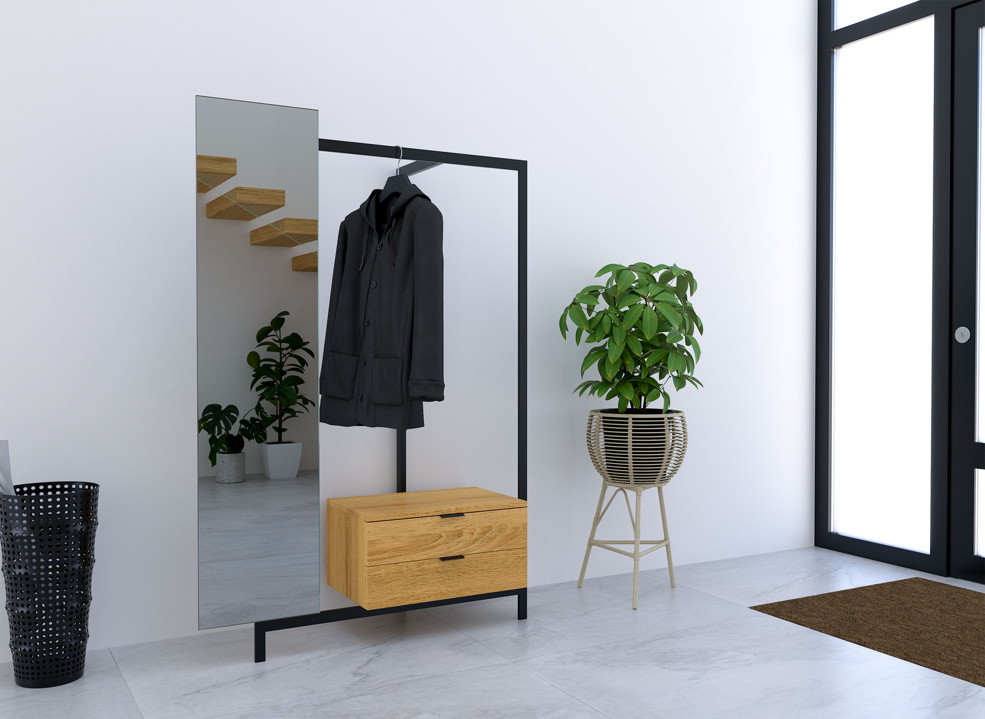 Meuble d’entrée avec armoire miroir et 2 tiroirs en bois et métal GLENN