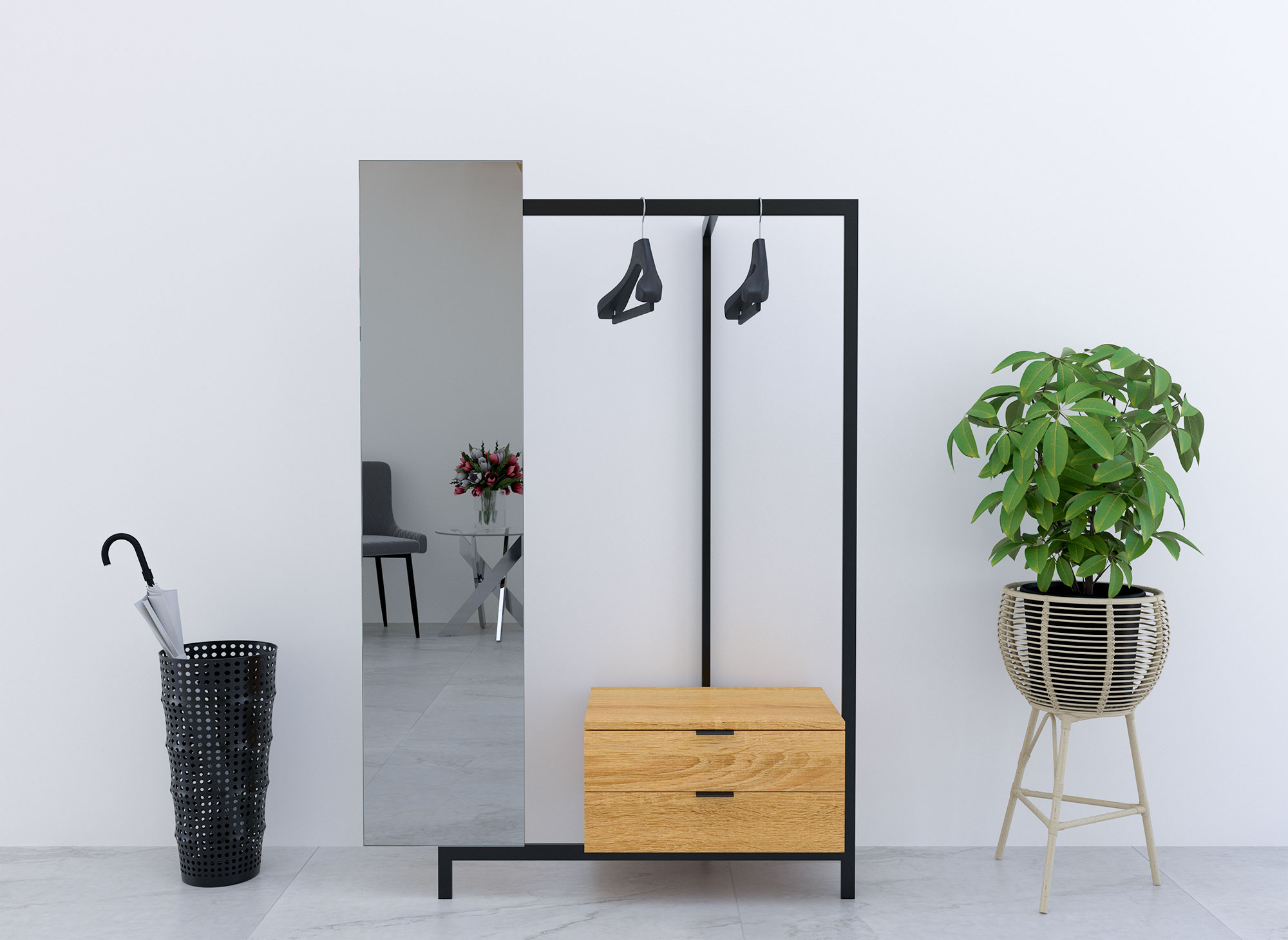 Meuble d’entrée avec armoire miroir et 2 tiroirs en bois et métal GLENN