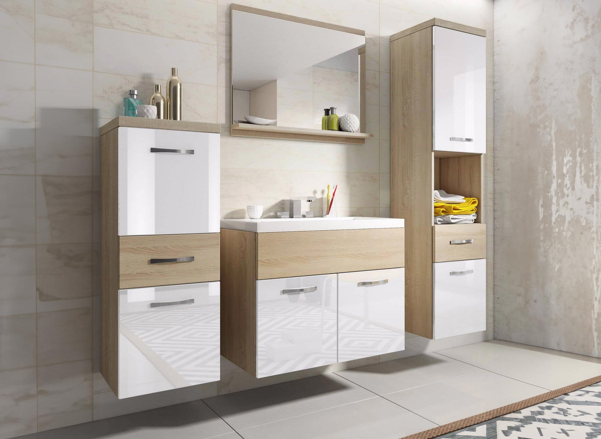 Ensemble meubles salle de bain suspendu - Bois et blanc SHELBY