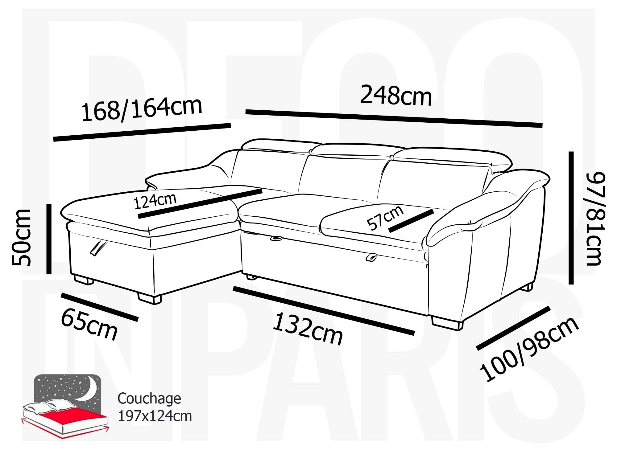 Canapé d’angle convertible avec coffre de rangement en tissu beige DITA – Angle gauche