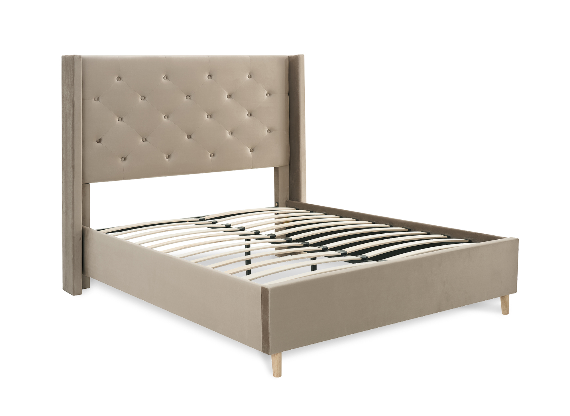 Lit double en velours capitonné taupe MAREVA 140x190 cm