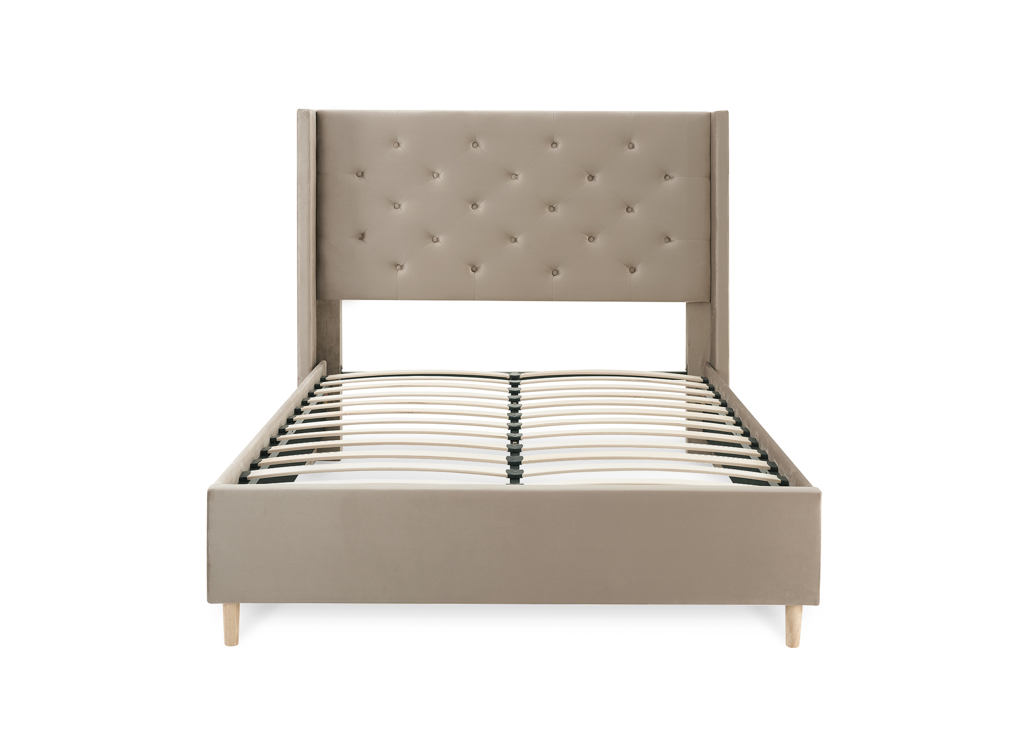 Lit double en velours capitonné taupe MAREVA 140x190 cm